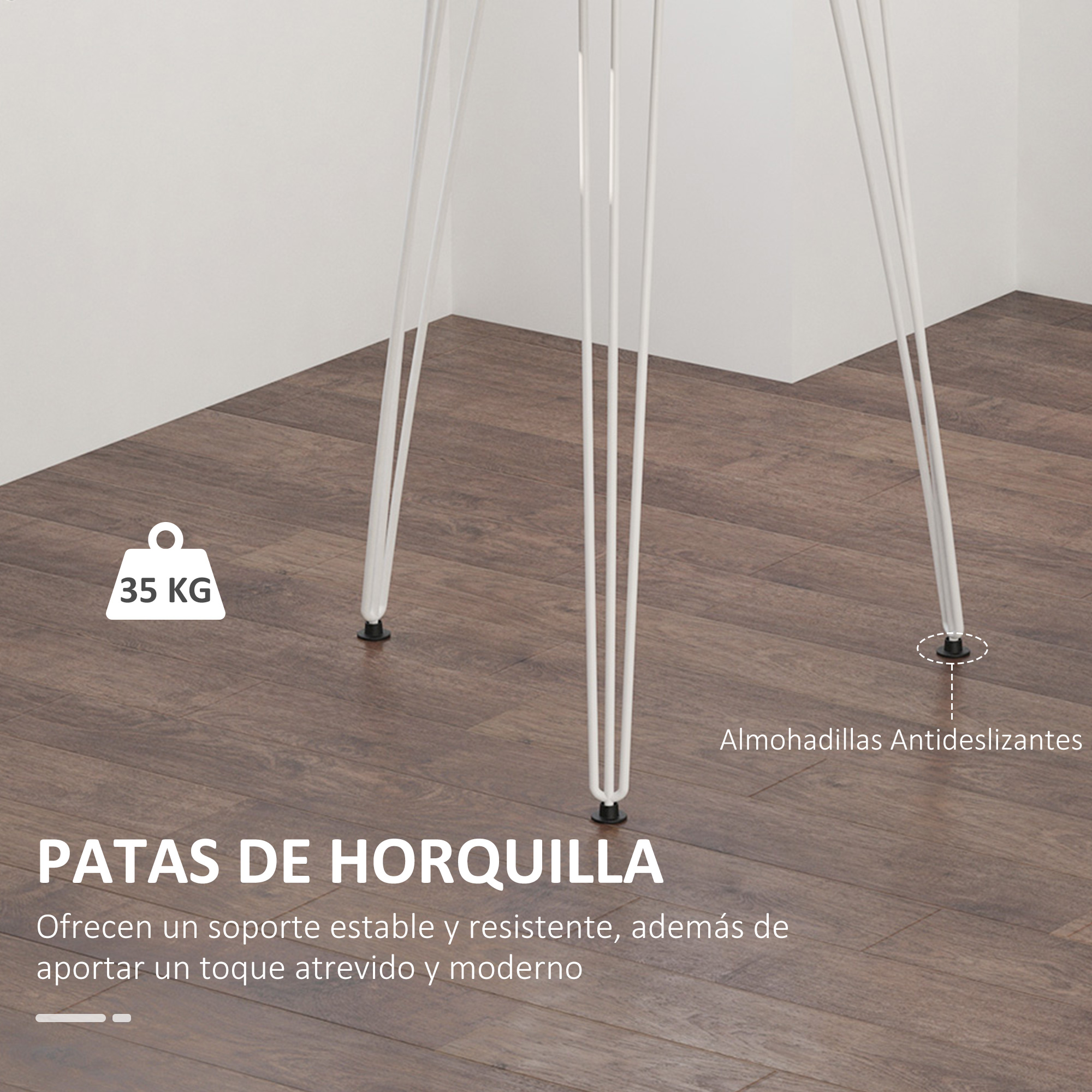 Patas blancas de horquilla en suelo de madera marrón. Texto dice '35 KG' y 'Almohadillas Antideslizantes'.