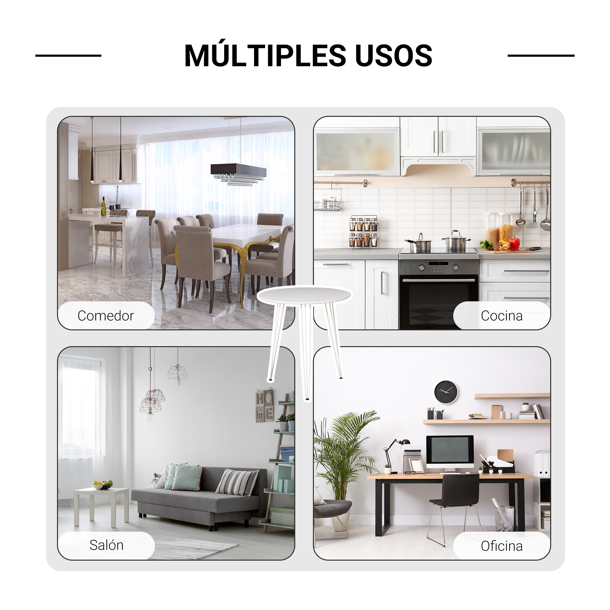 La imagen muestra ejemplos de uso de múltiples habitaciones: comedor, cocina, sala de estar y oficina. Una mesa blanca está en el centro.