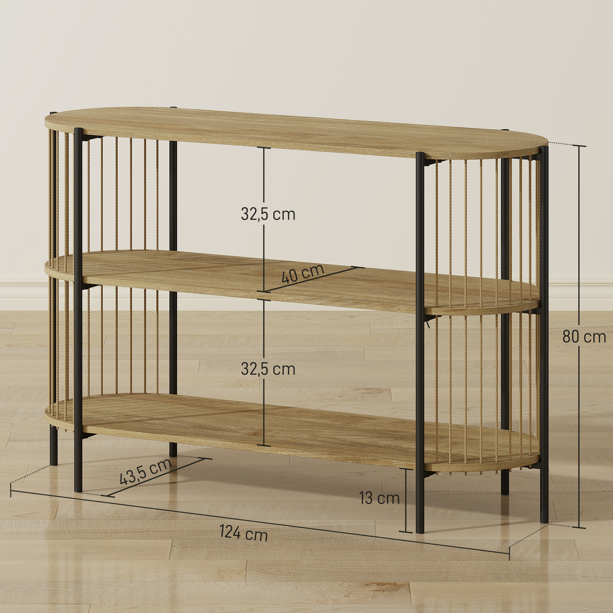 Estantería de madera con tres niveles, marco de metal negro y detalles de cuerda. Se proporcionan dimensiones.