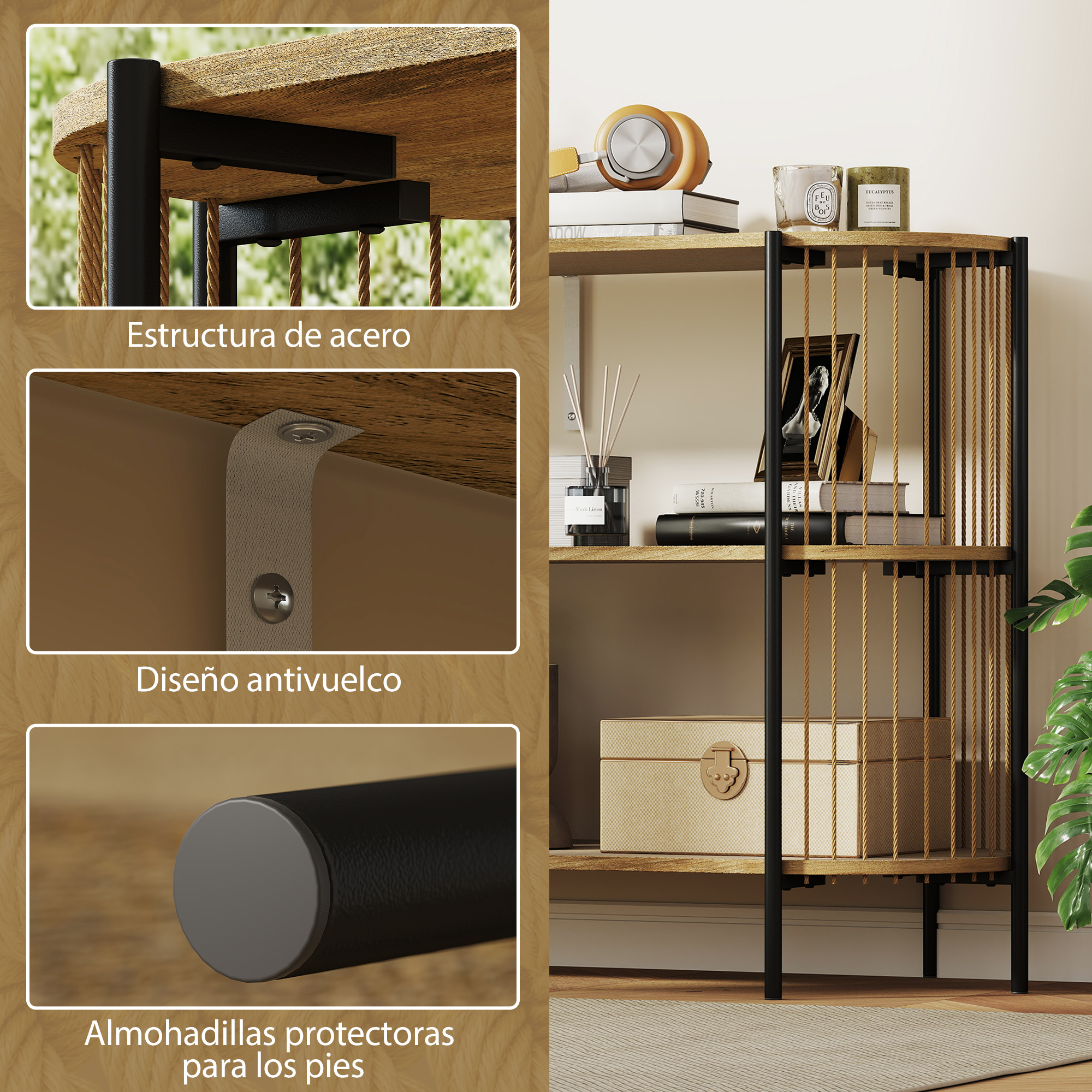 Una estantería de madera con marco de metal negro. Tiene tres estantes con varios elementos como velas, libros y una caja de joyería.