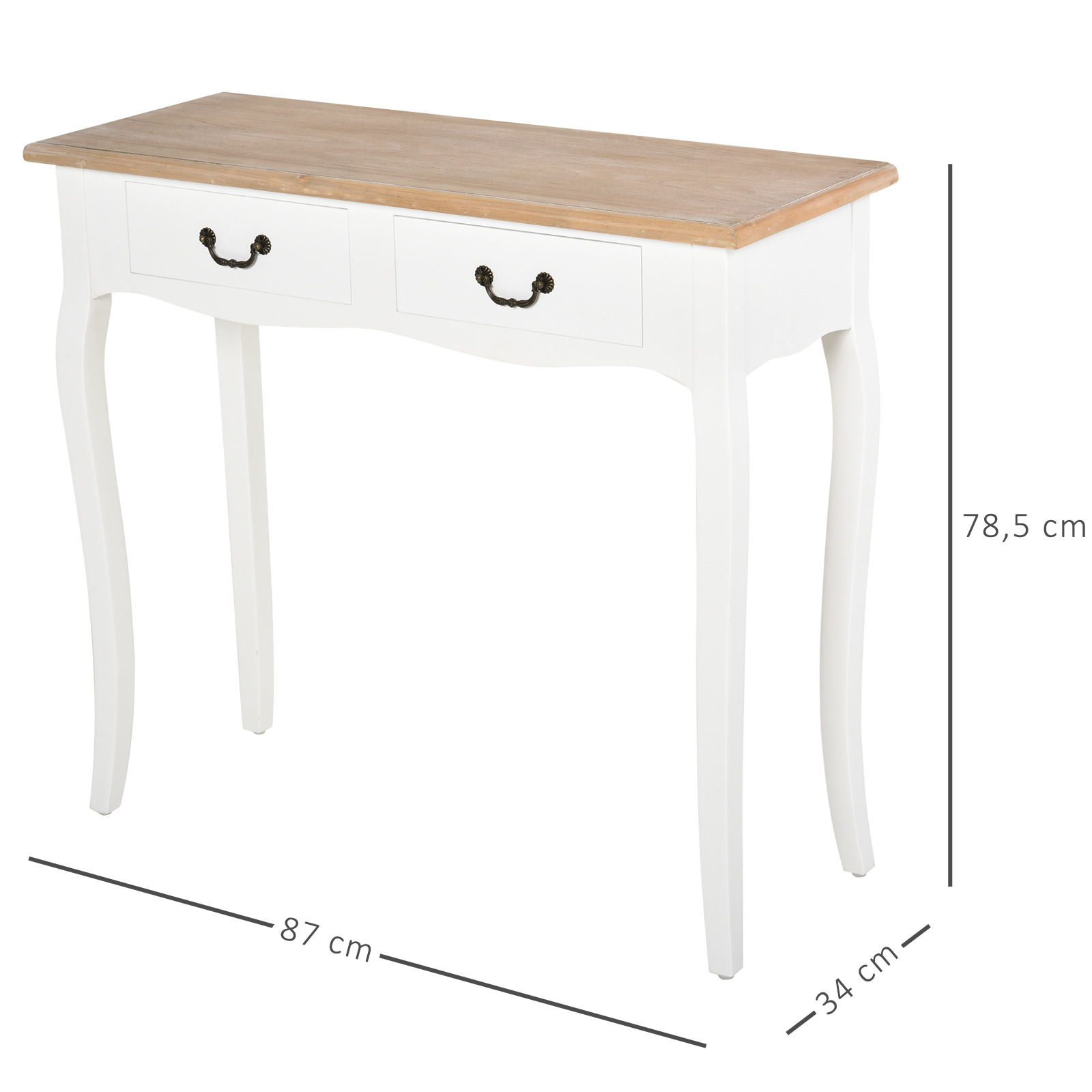 Consola blanca con dos cajones, tapa de madera y patas curvas. Se proporcionan dimensiones.