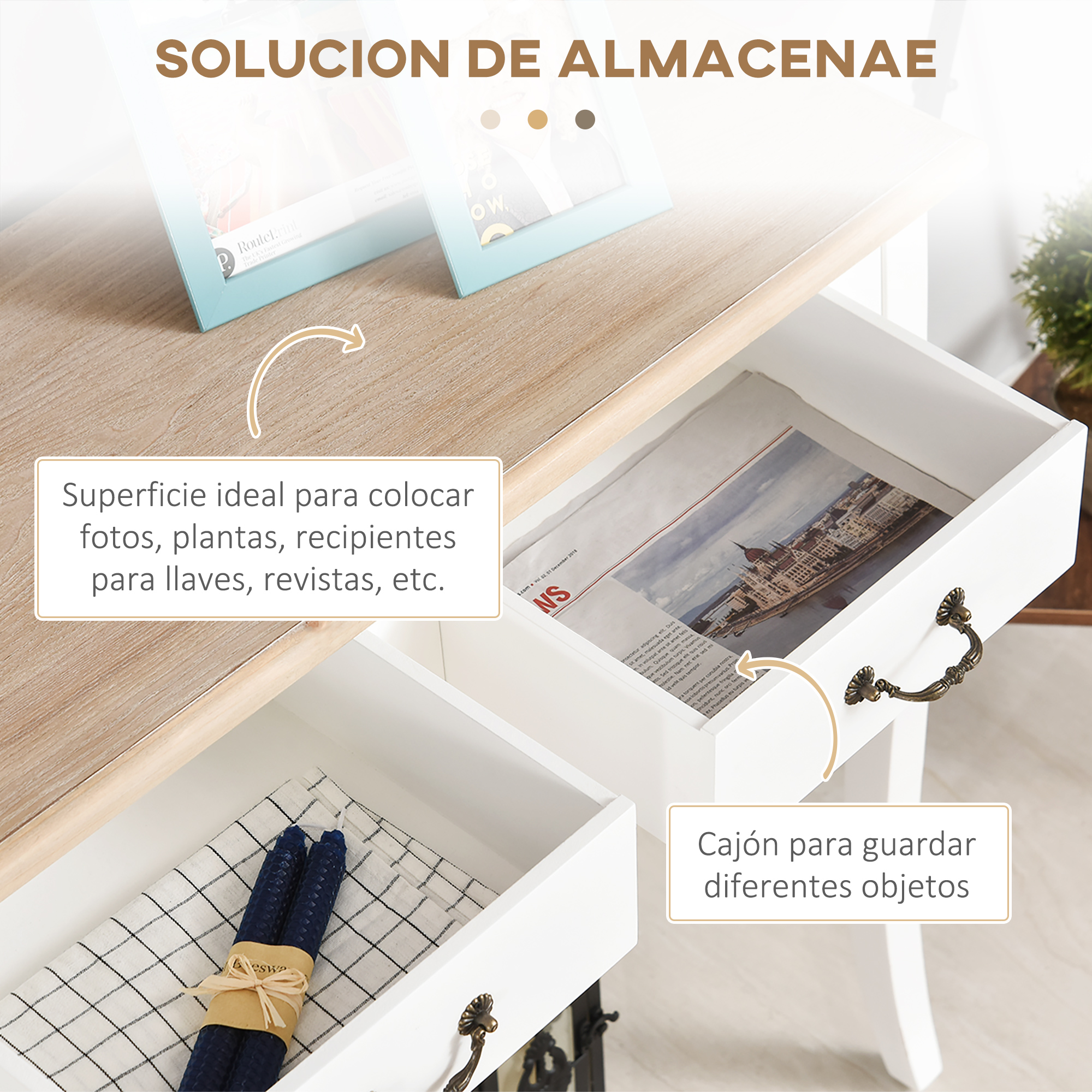 Una mesa blanca con cajones abiertos. Uno tiene un periódico, otro tiene velas y un paño a cuadros.