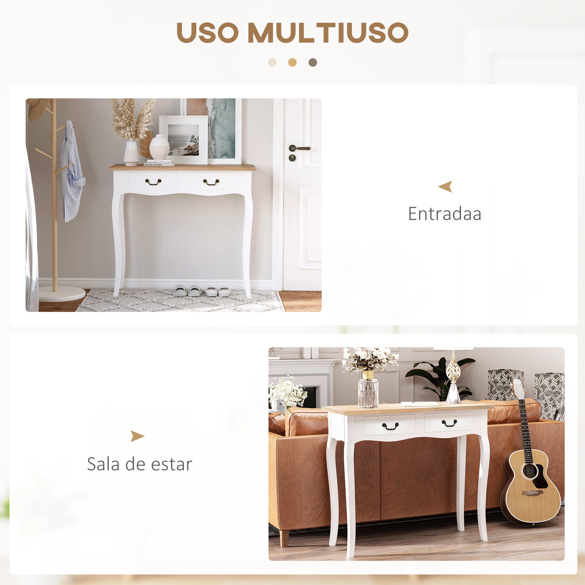 La imagen muestra una mesa blanca con tapa de madera. Está en una sala de estar y una entrada. Hay una guitarra.