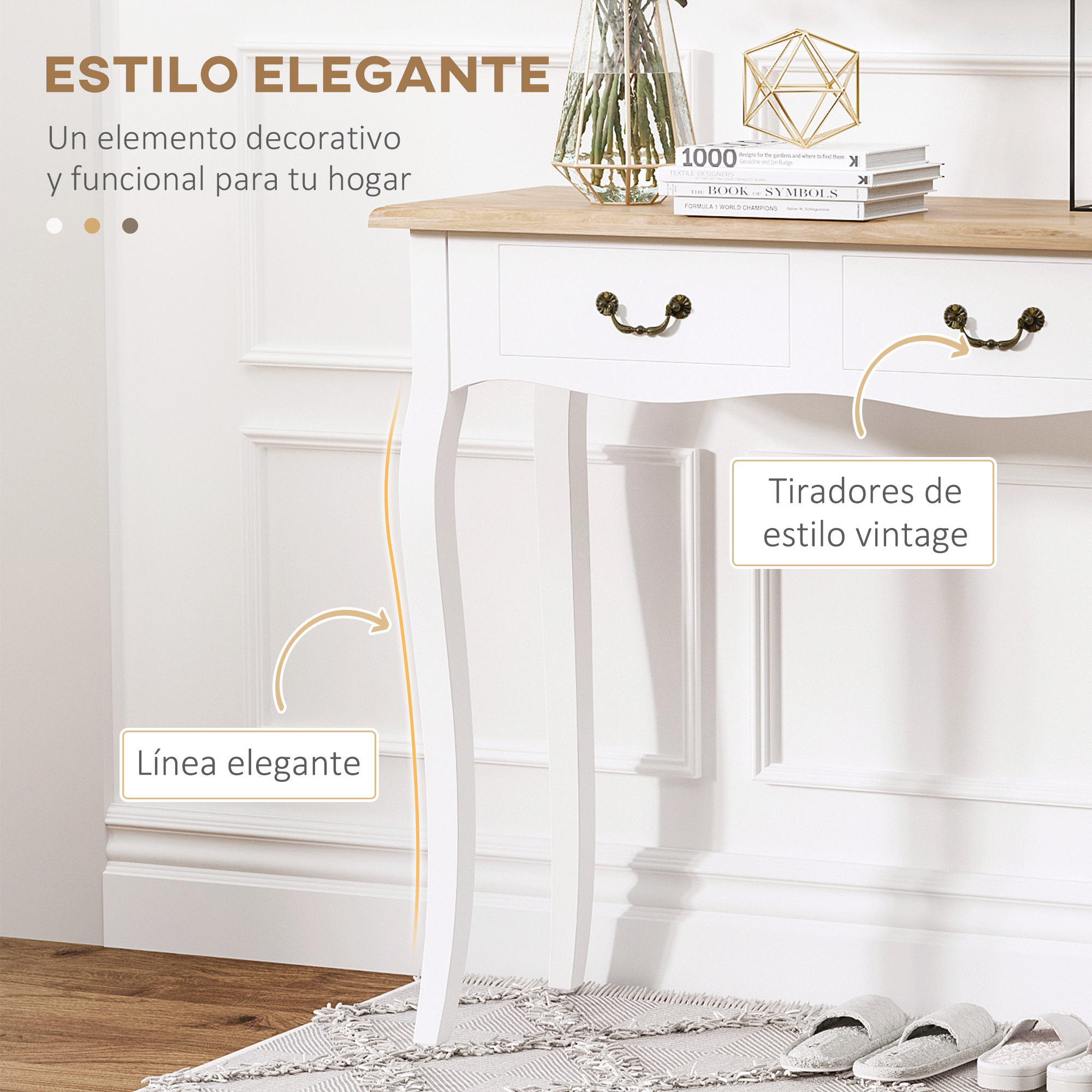 Una consola elegante blanca y marrón con tiradores vintage. Libros y decoración en la parte superior. Zapatillas en el suelo.