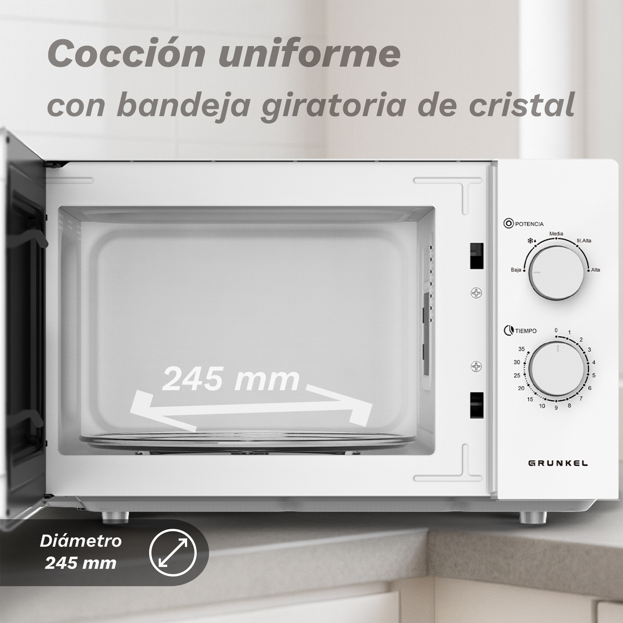 Microondas blanco con la puerta abierta. Controles a la derecha. Texto: Cocción uniforme con bandeja giratoria de cristal. Diámetro 245 mm.