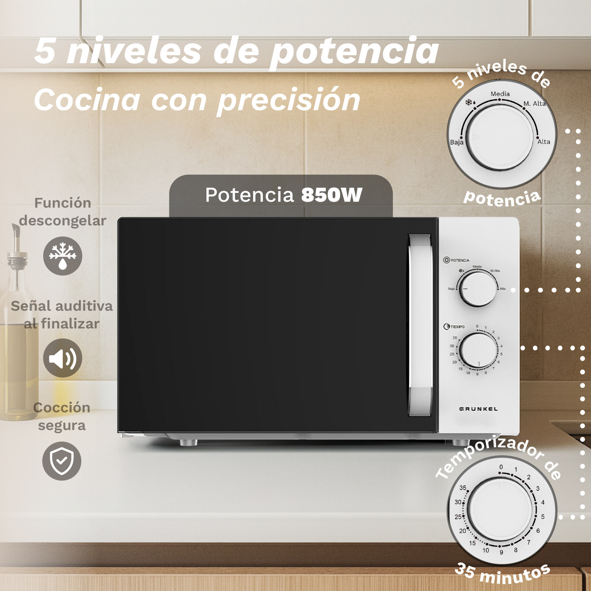 Microondas con diales de control y texto. Tiene ajustes de potencia y temporizador. Tiene puerta negra y cuerpo blanco.