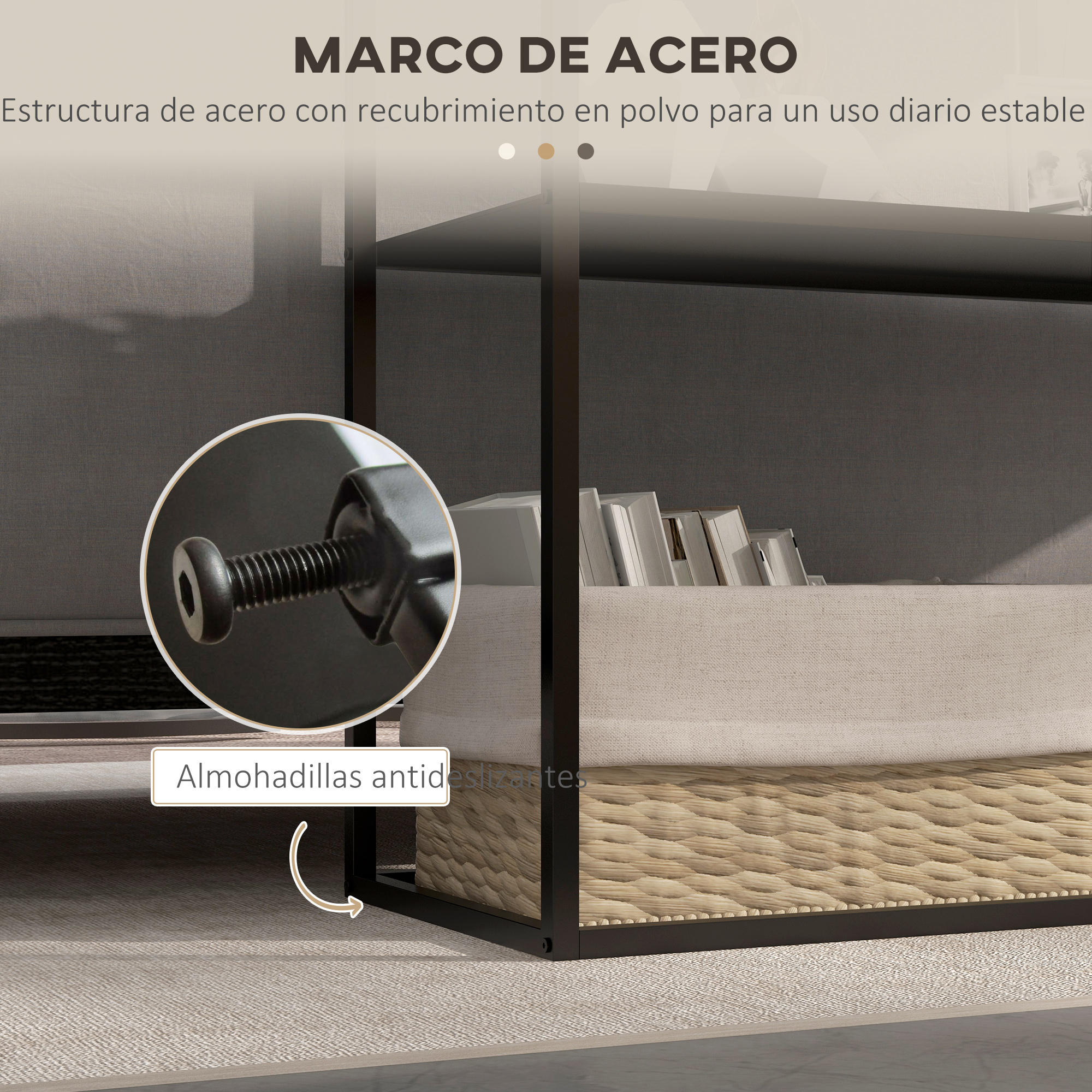Una mesa de metal con un estante, tela beige y una cesta tejida. Se muestra un tornillo en un círculo.
