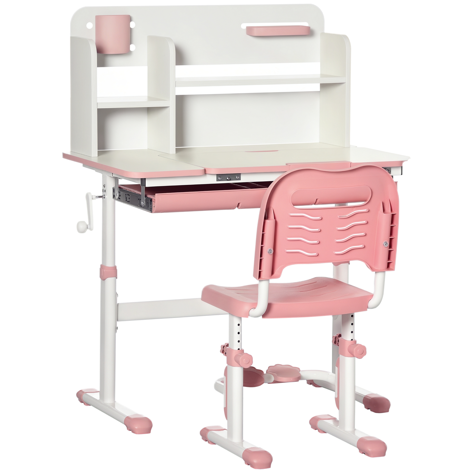 Set scrivania e sedia per bambini regolabile rosa e bianco. La scrivania ha ripiani e cassetto. La sedia è ergonomica.