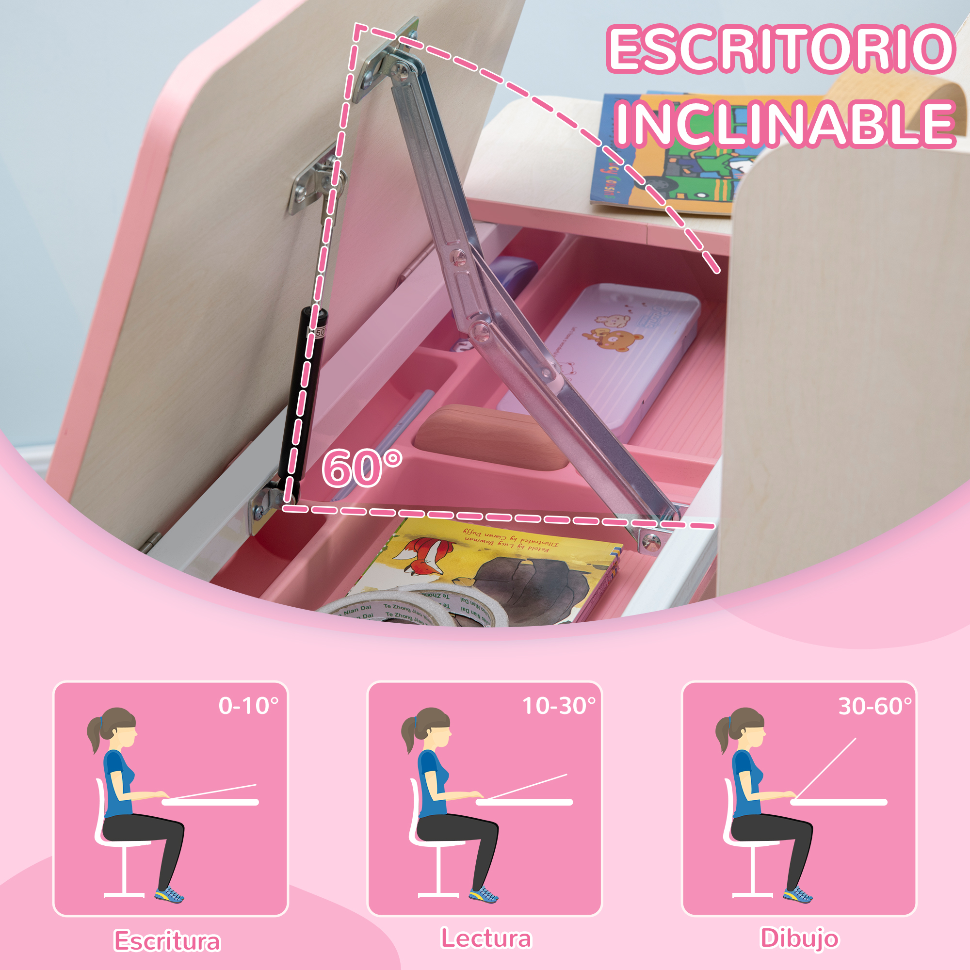 Un escritorio inclinado rosa con un ángulo de 60 grados. Hay ilustraciones sobre escribir, leer y dibujar.