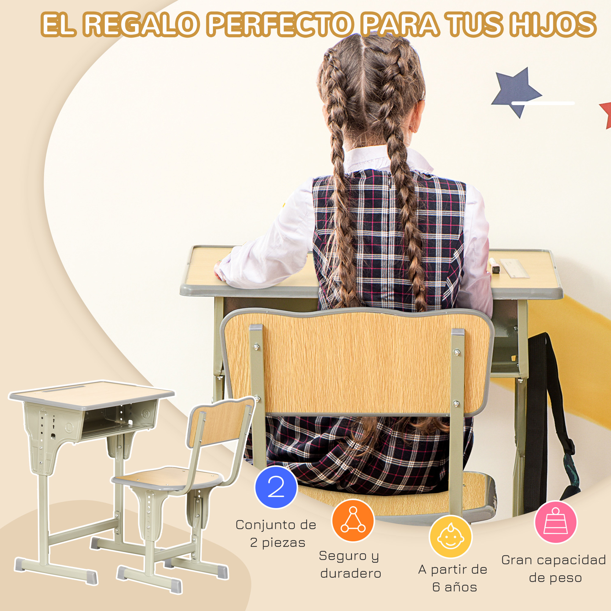 Una niña con trenzas está sentada en un escritorio. Un juego de escritorio y silla está en primer plano, con texto en español.