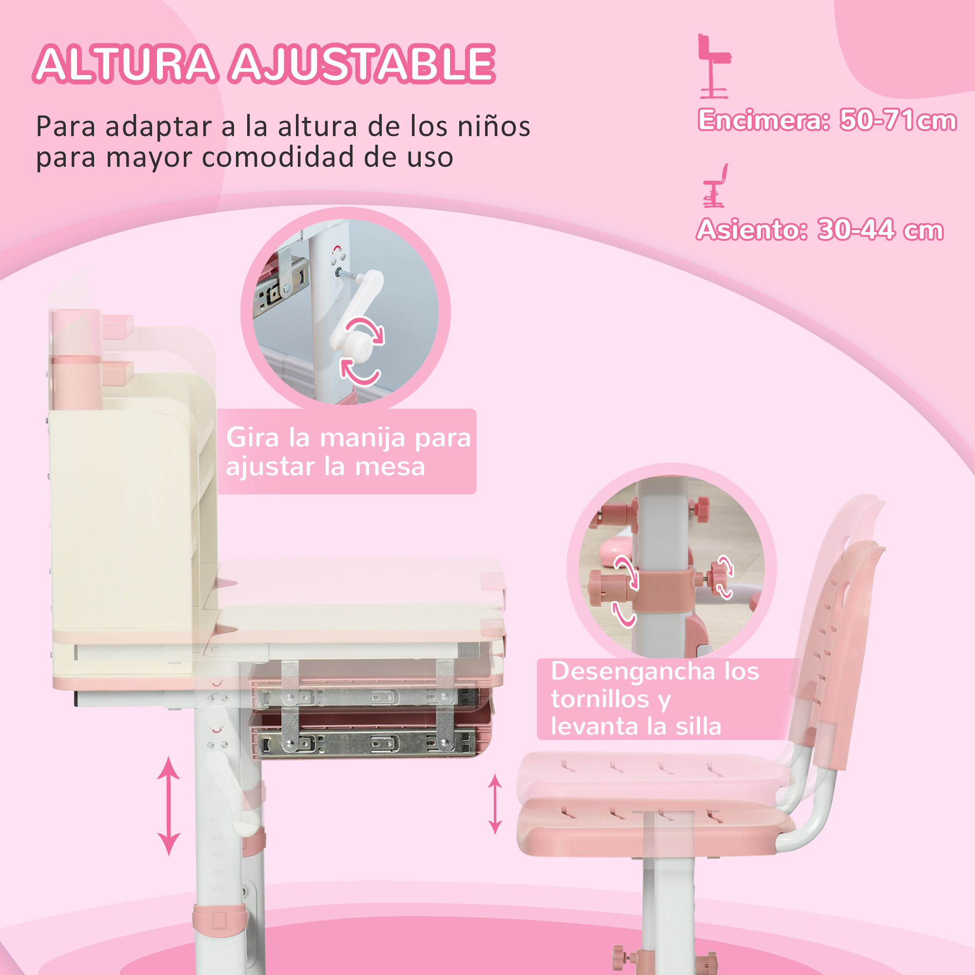 Escritorio y silla ajustables rosas y blancos para niños. Instrucciones para ajustar la altura de la mesa y la silla.