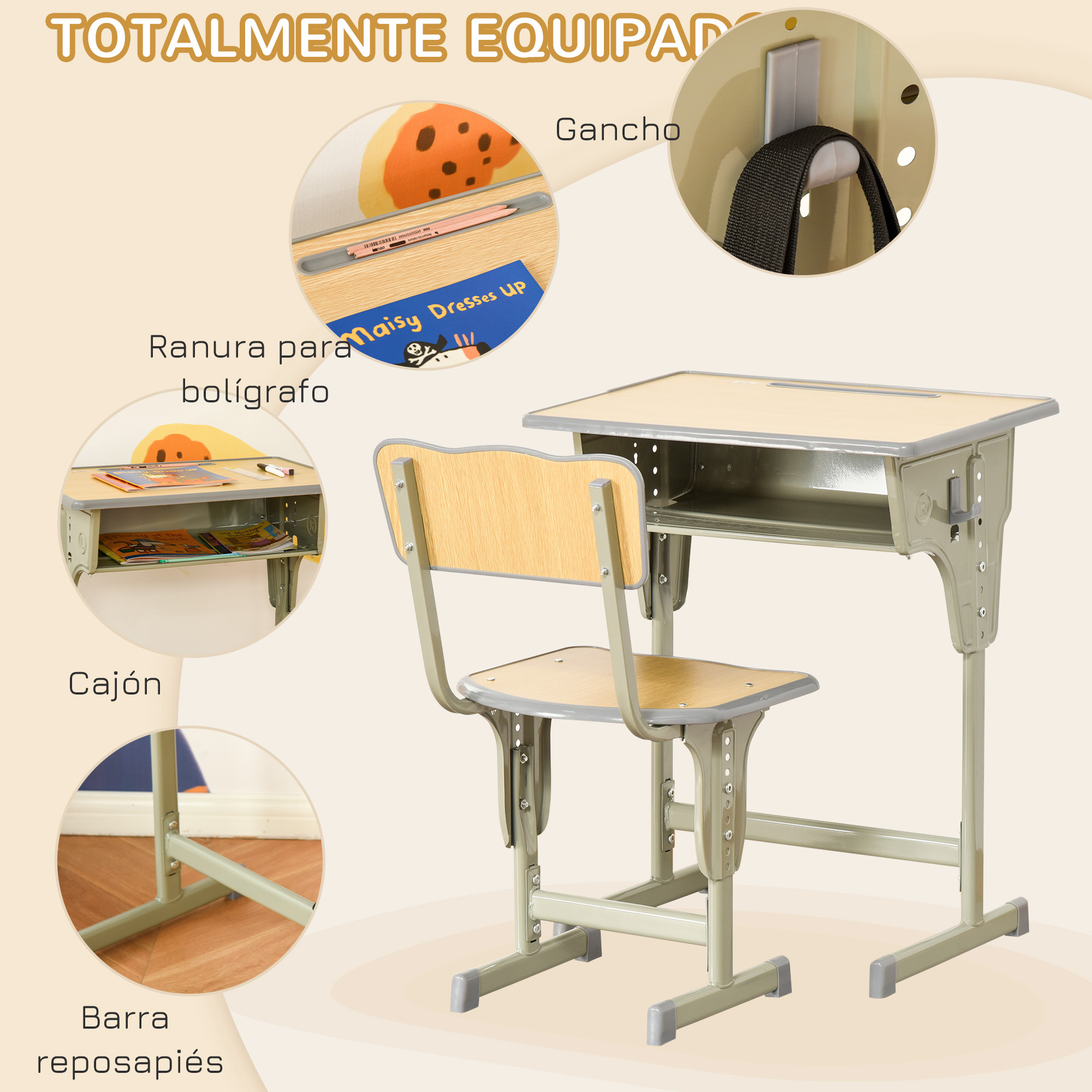 Juego de escritorio y silla escolar. El escritorio tiene ranura para lápiz y espacio de almacenamiento. La silla tiene respaldo de madera.