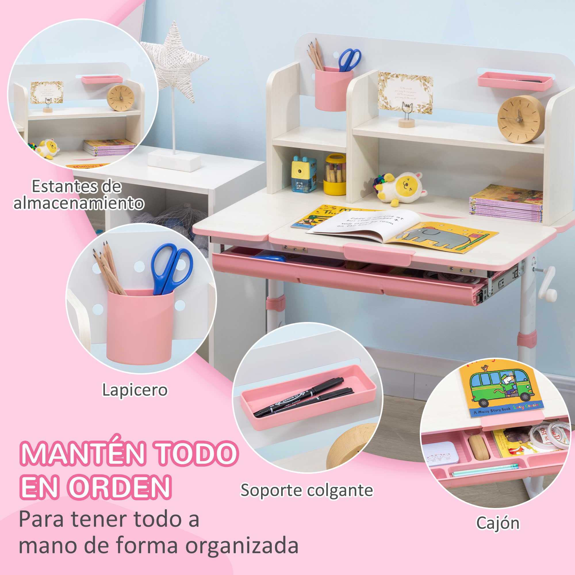 Un escritorio con almacenaje, un cajón y un portalápices. El escritorio tiene libros y papelería.