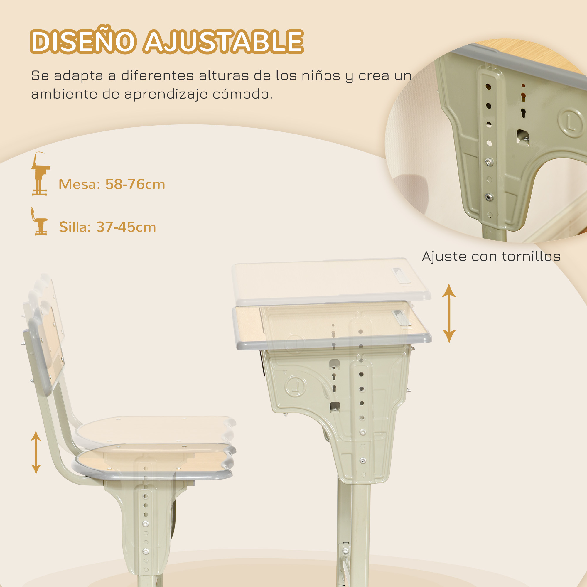 Un escritorio y silla escolar beige ajustables. La altura del escritorio es de 58-76 cm, y la silla de 37-45 cm. Ajuste con tornillos.