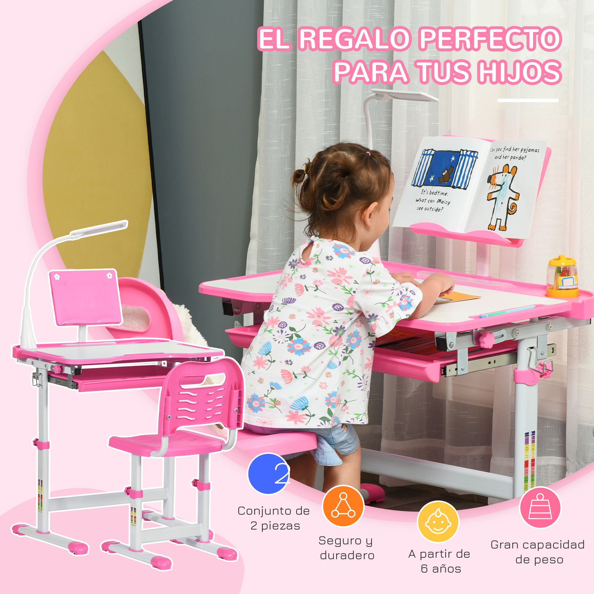 Una niña en un escritorio rosa lee un libro. El escritorio tiene una lámpara y una silla. Texto en español dice 'regalo perfecto'.