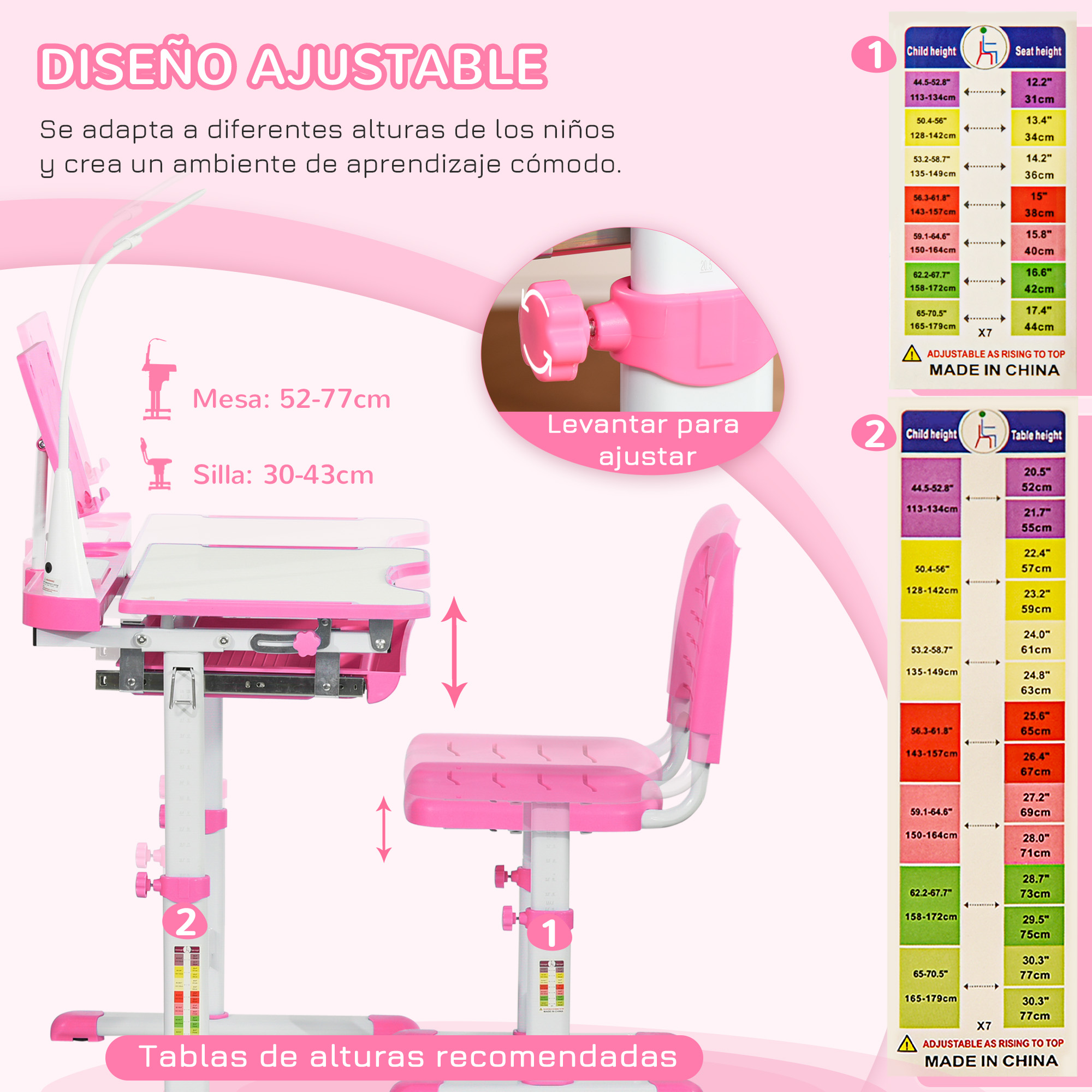 Juego de escritorio y silla rosa ajustable con tablas de altura. El texto dice 'diseño ajustable'. Un botón rosa es visible.