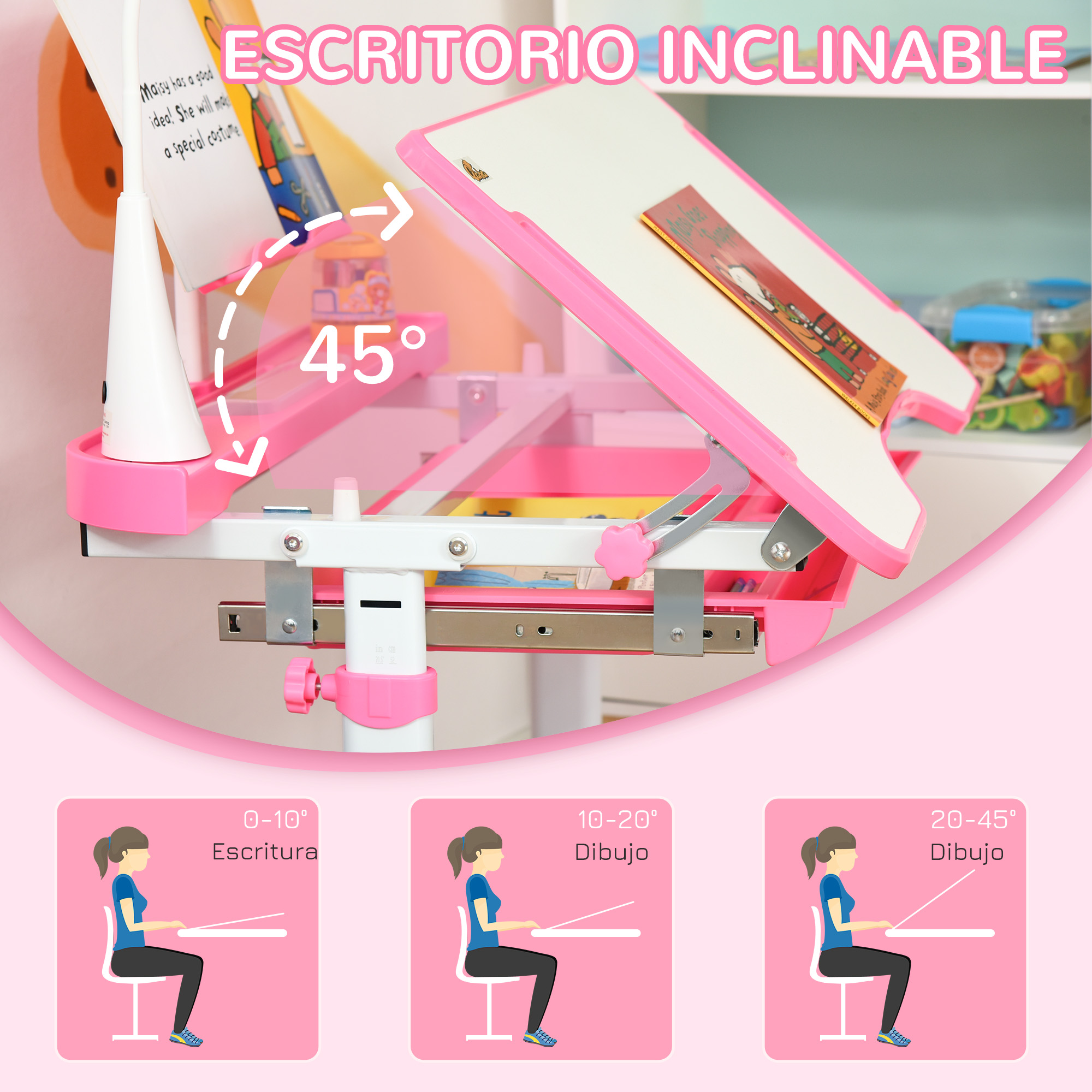 Un escritorio rosa ajustable con un libro y una lámpara, que muestra ajustes de ángulo de 0 a 45 grados.
