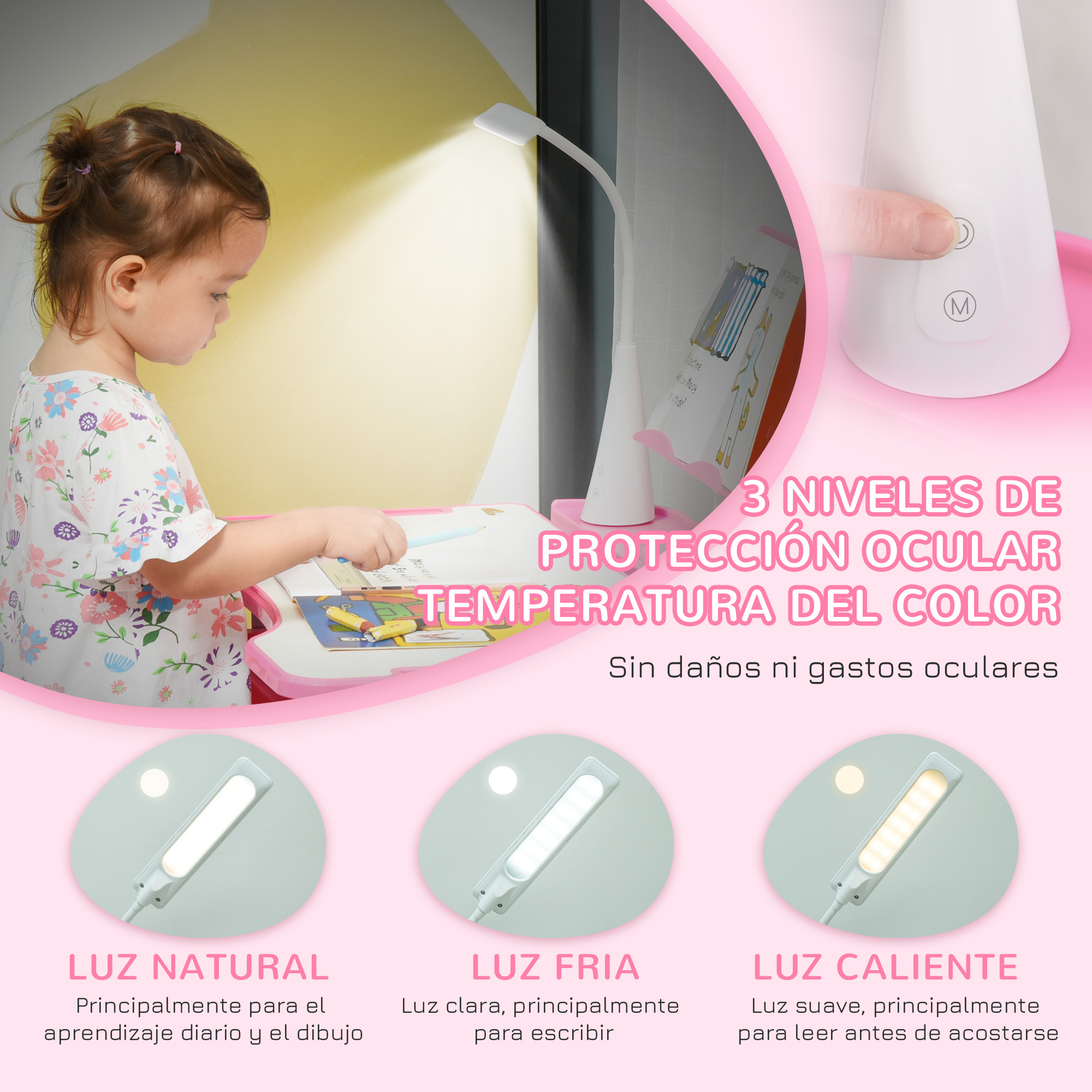 Una niña estudia bajo una lámpara de escritorio. La lámpara tiene diferentes configuraciones de luz. El texto describe la protección ocular y la temperatura del color.