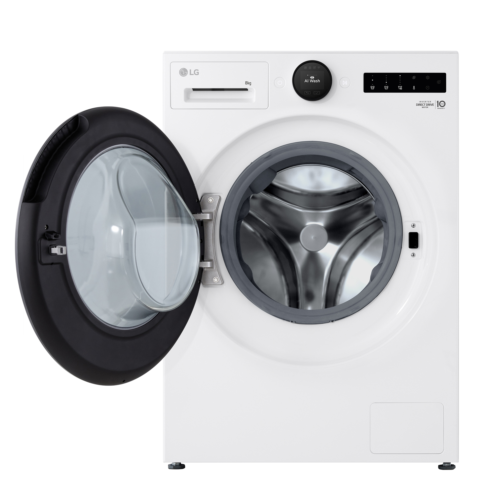 Weiße LG Waschmaschine mit geöffneter schwarzer Tür. Die Trommel ist sichtbar. Digitales Display und Bedienknöpfe oben.