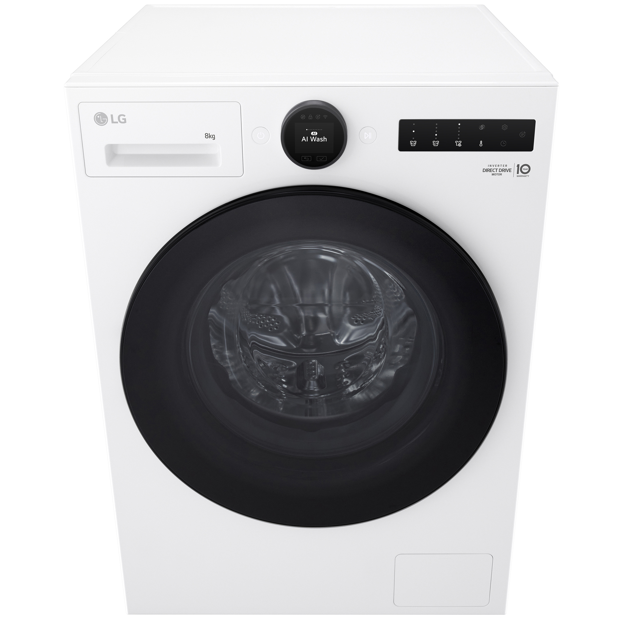 Weiße LG Waschmaschine. Sie hat eine schwarze Tür, Digitalanzeige und verschiedene Bedientasten. Die Kapazität beträgt 8 kg.