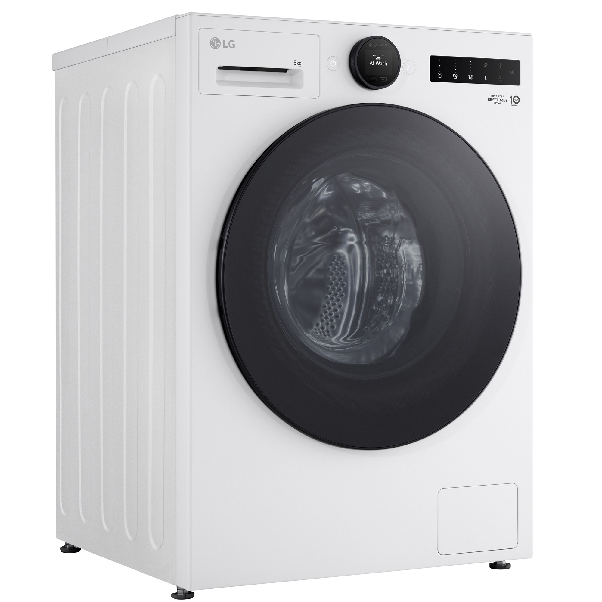 Eine weiße LG-Waschmaschine. Sie hat eine schwarze Tür, ein Bedienfeld und ein kleines Display. Die Maschine steht vor weißem Hintergrund.