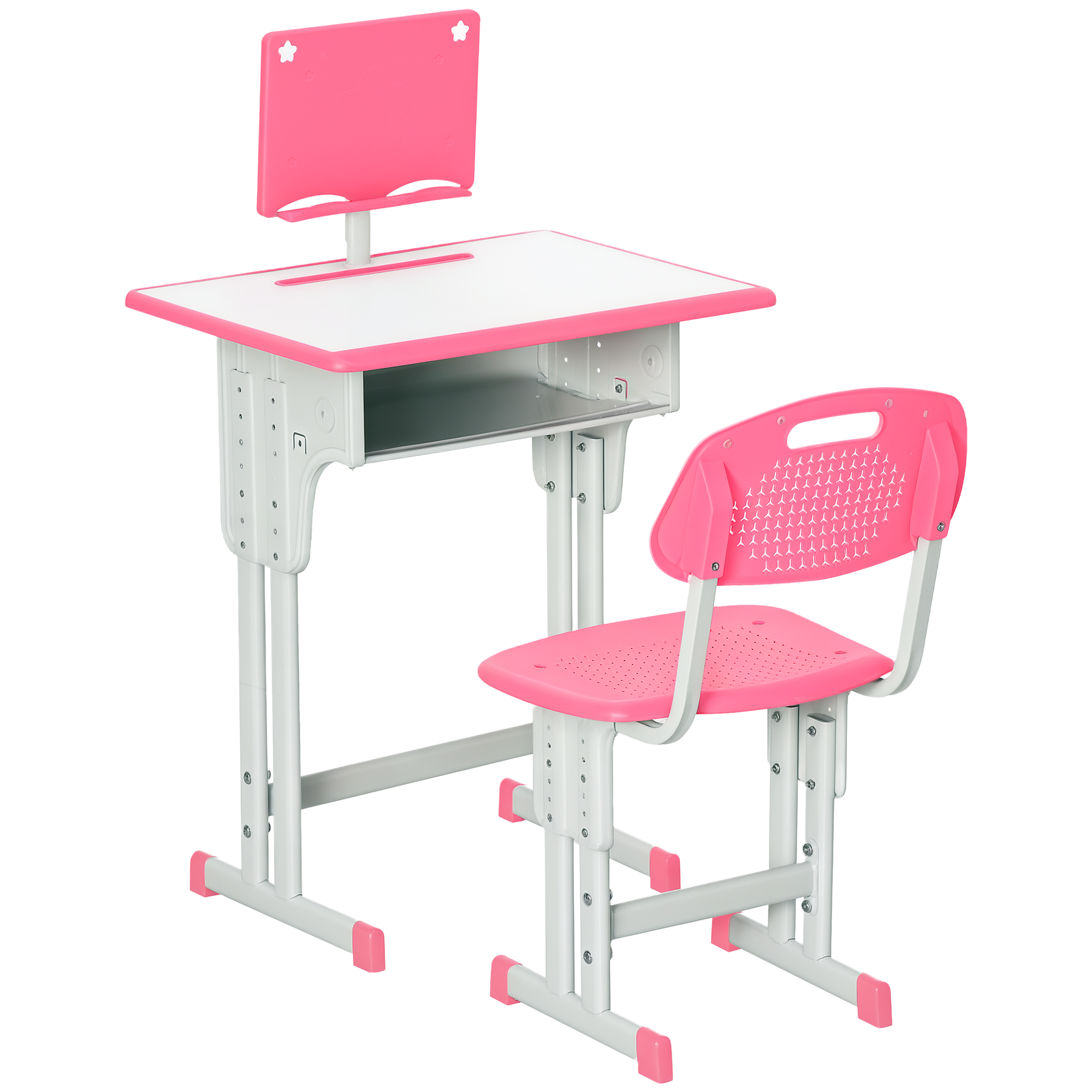 Un set di scrivania e sedia per studenti rosa e bianco. La scrivania ha uno schienale. Sedia e scrivania hanno una struttura in metallo.