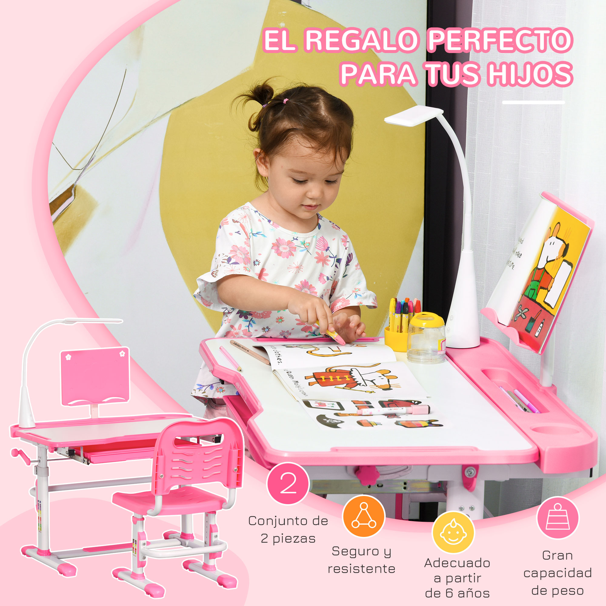 Una niña dibuja en un escritorio rosa. Hay una silla rosa, una lámpara y libros. El texto dice: 'El regalo perfecto para tus hijos'.