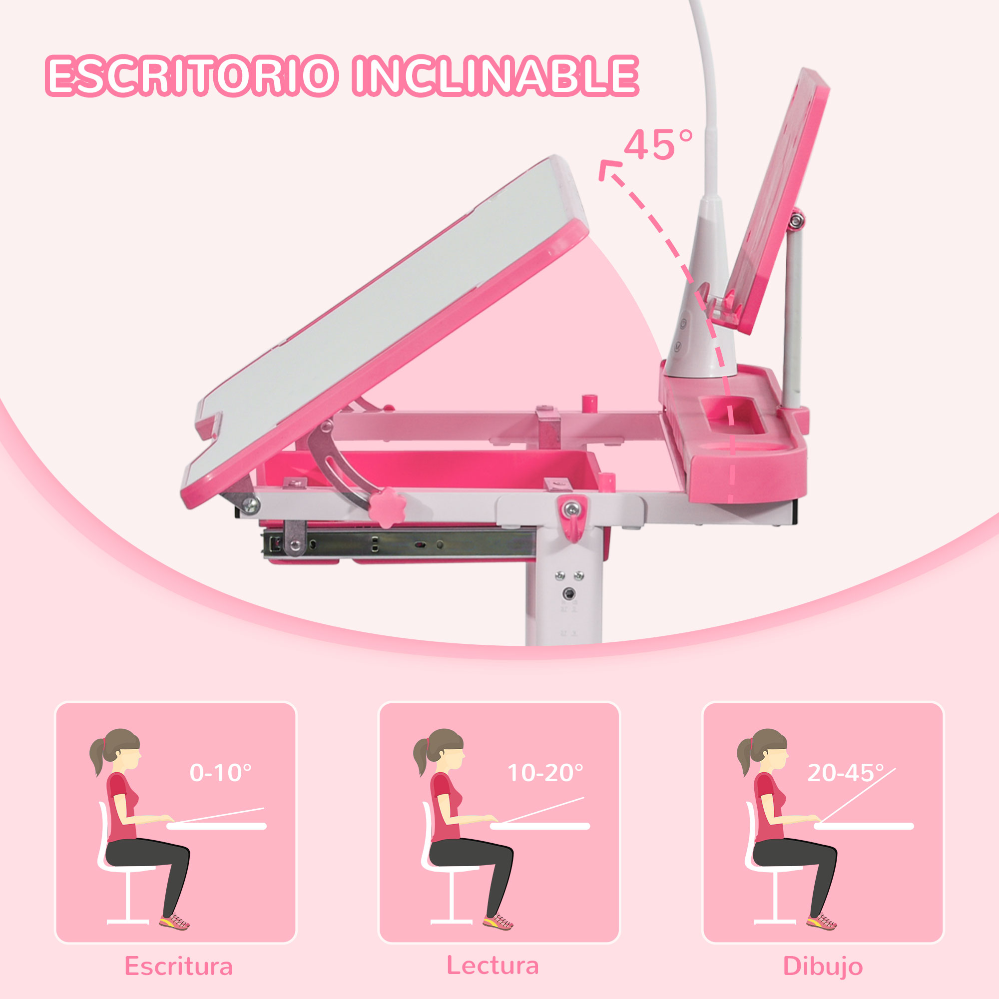 Un escritorio rosa ajustable. Tiene una superficie blanca y una lámpara. Los diagramas muestran ángulos para escribir, leer y dibujar.