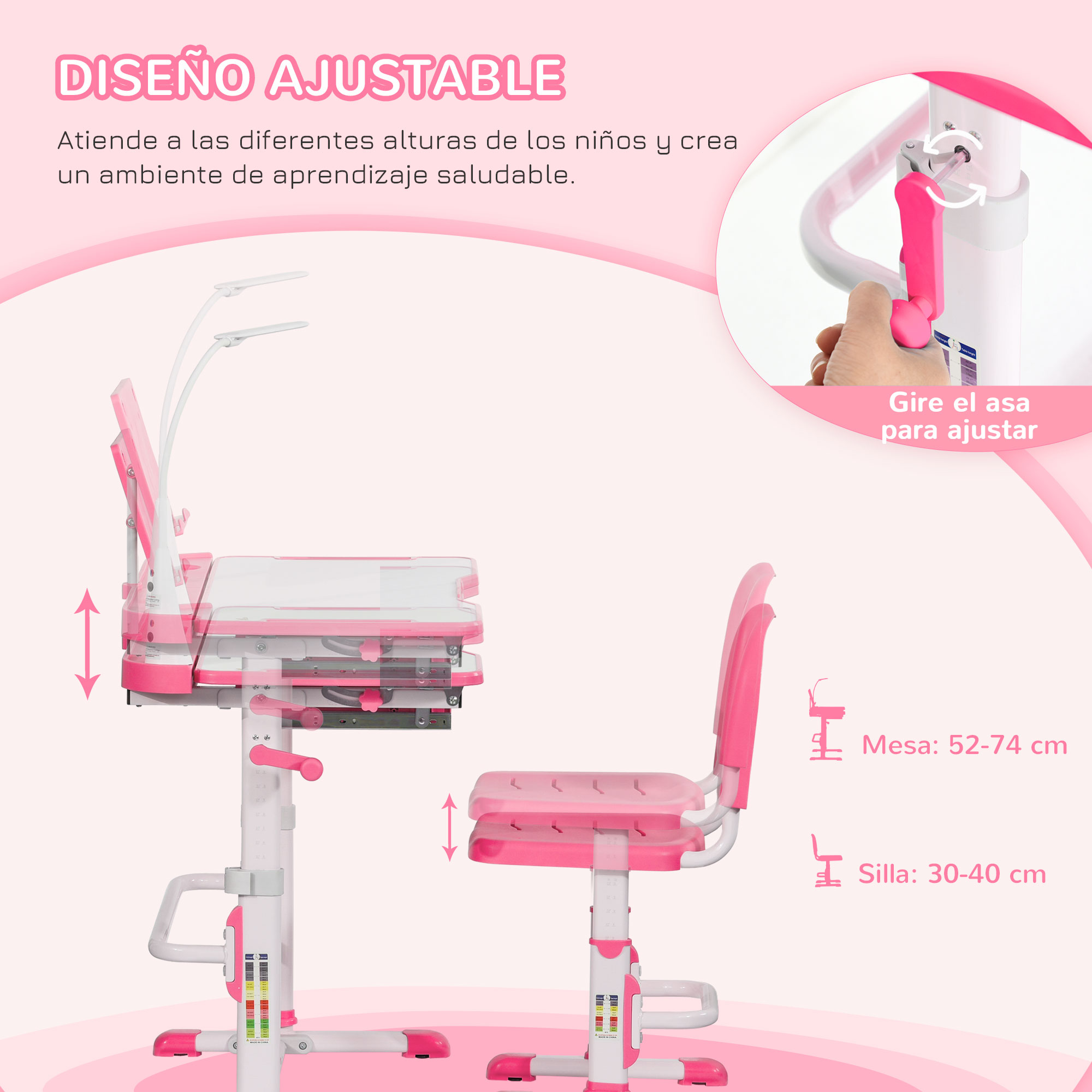 Escritorio y silla rosa ajustables para niños. Muestra ajuste de altura con flechas y una mano girando manija rosa.