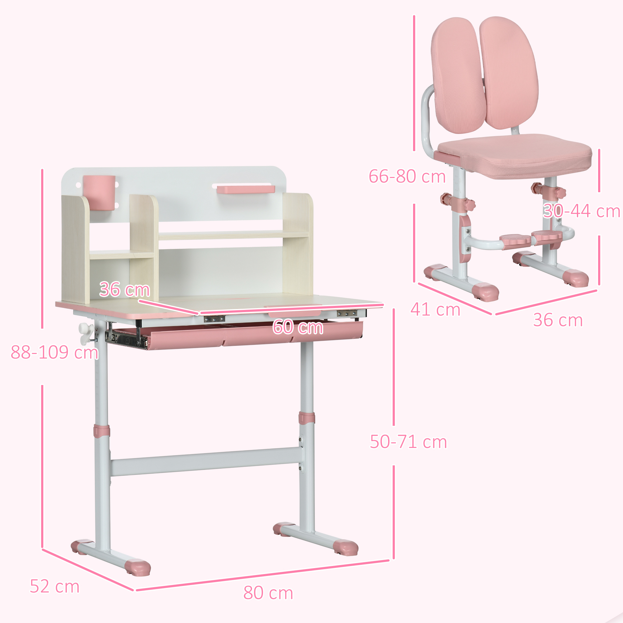 Un juego de escritorio y silla para niños con altura ajustable. El escritorio es blanco y rosa. La silla es rosa y blanca.