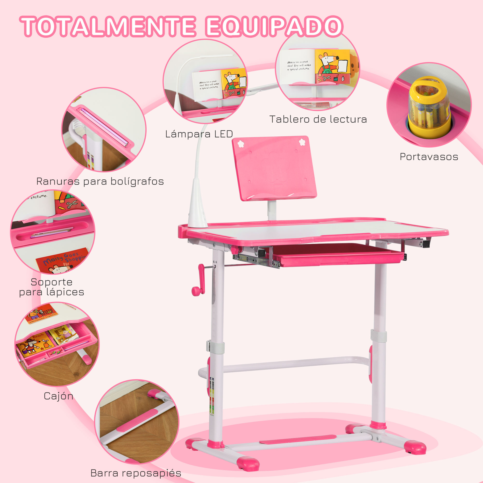 Escritorio infantil ajustable rosa y blanco con lámpara, portalápices, atril y cajón de almacenamiento.