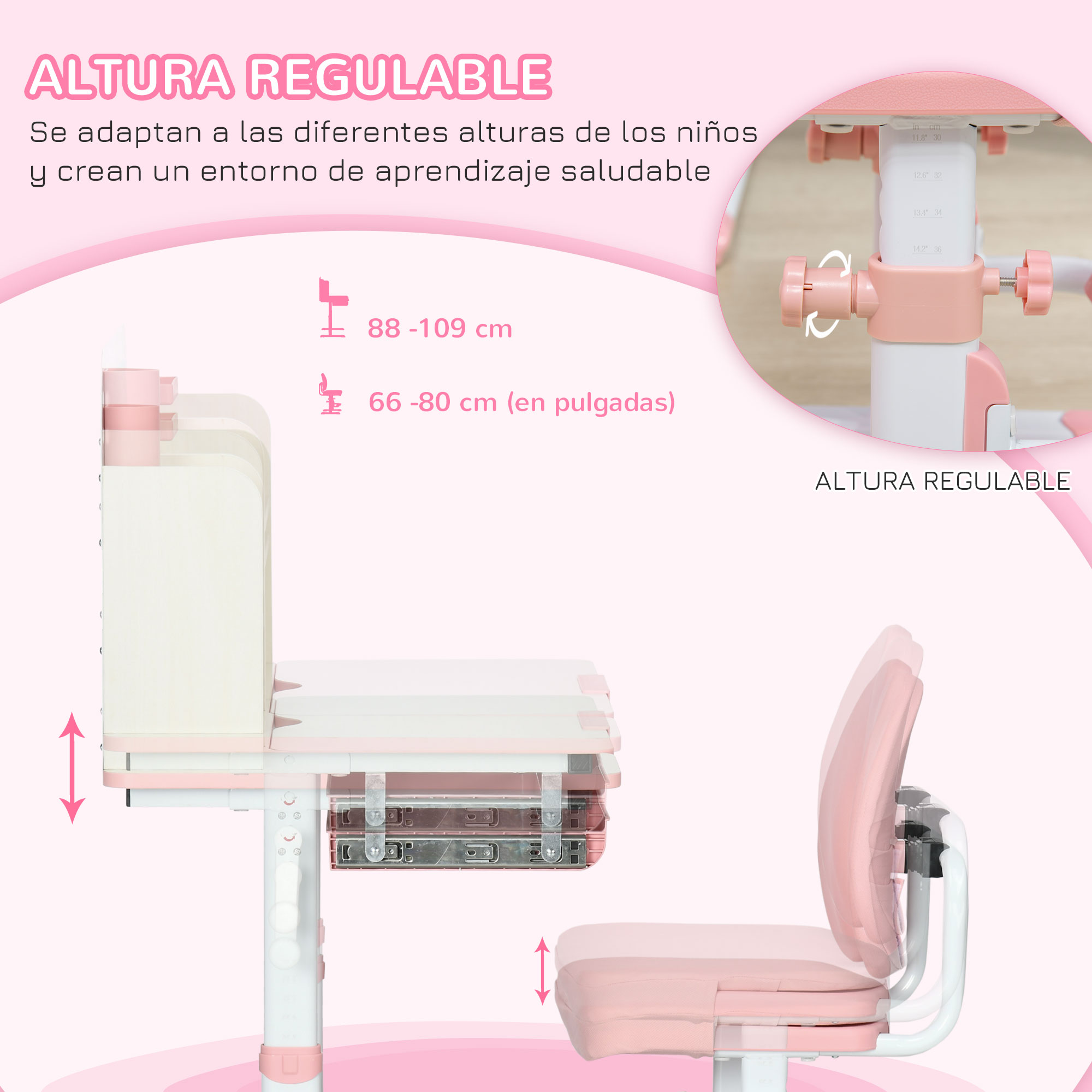 Un juego de escritorio y silla regulables en altura en rosa y blanco. Tiene rangos de altura ajustables. Texto en español.