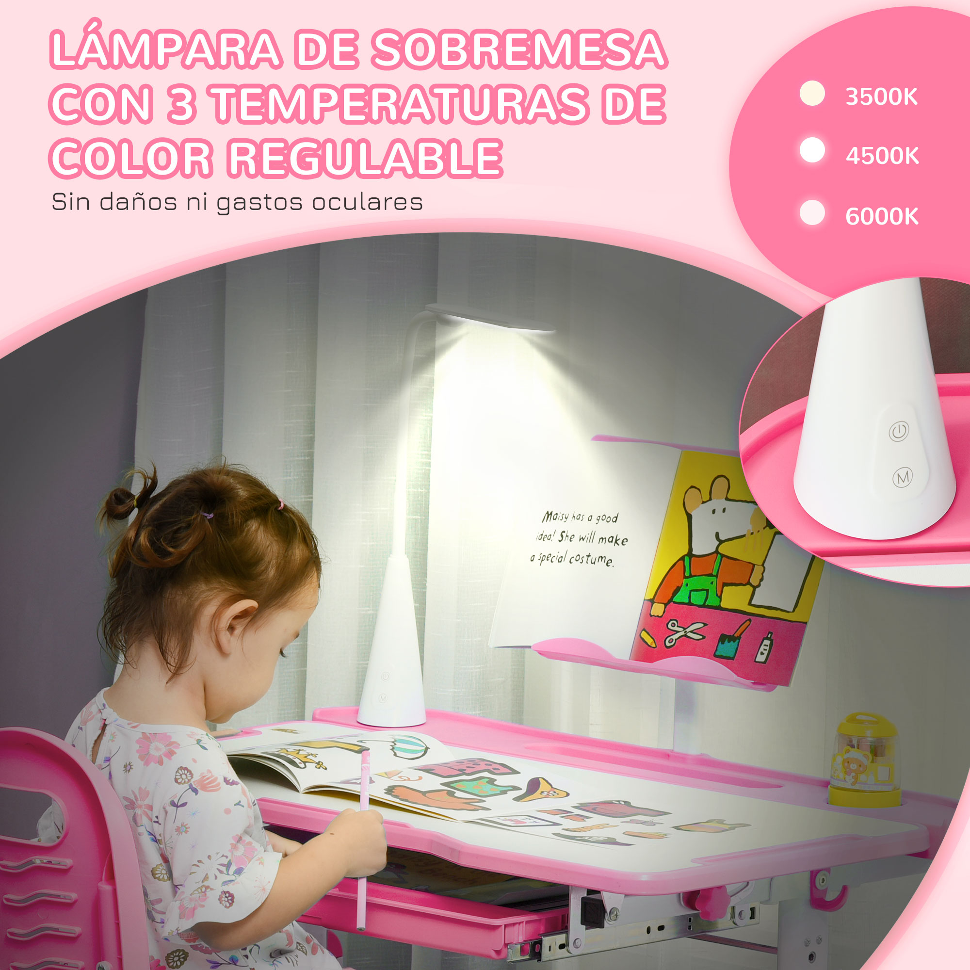 Una niña está en un escritorio rosa, dibujando bajo una lámpara blanca. El texto superior dice: 'Lámpara con 3 temperaturas de color'.