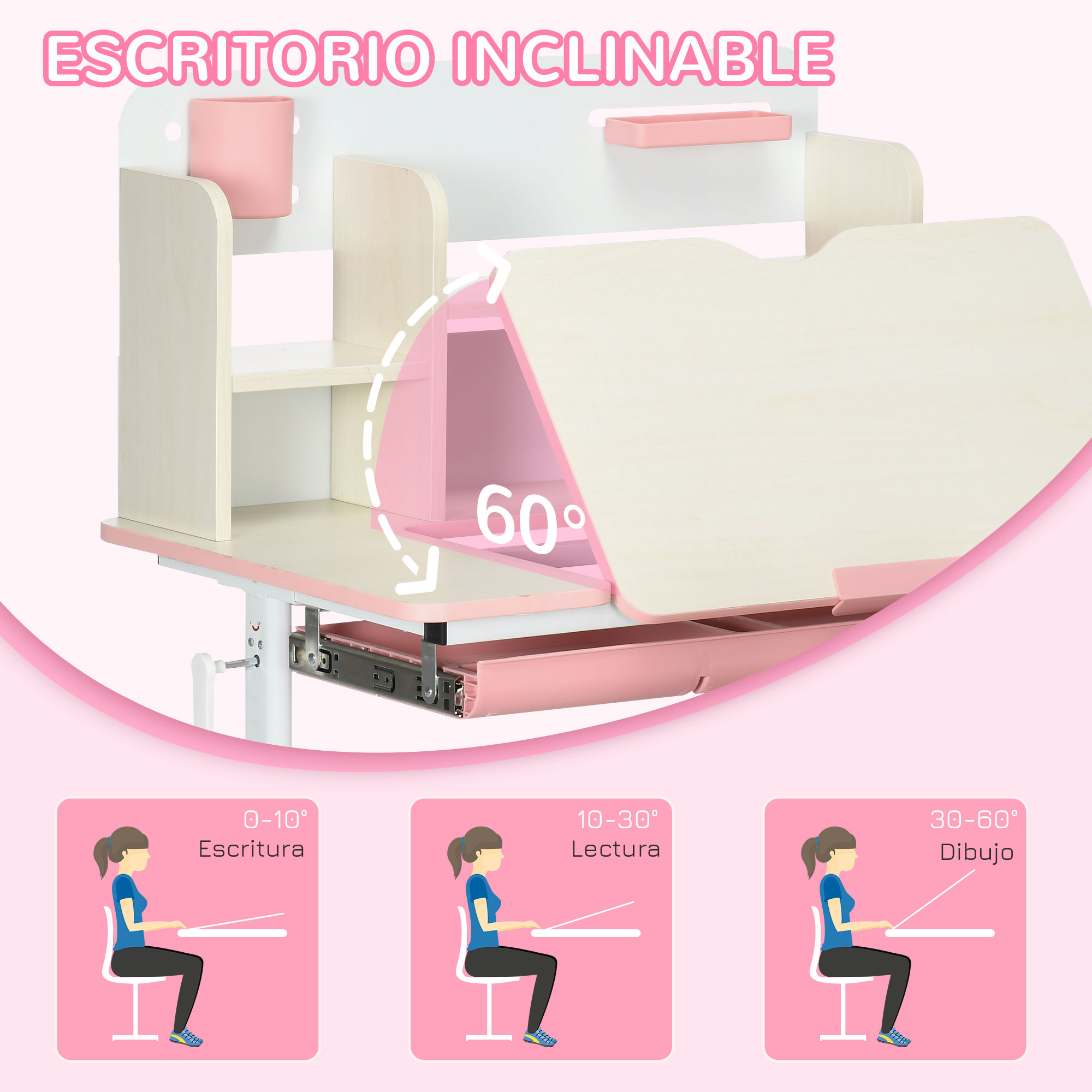 Escritorio ajustable rosa y blanco con inclinación de 60°, cajón y estantes. Ilustraciones muestran ángulos para escribir, leer y dibujar.