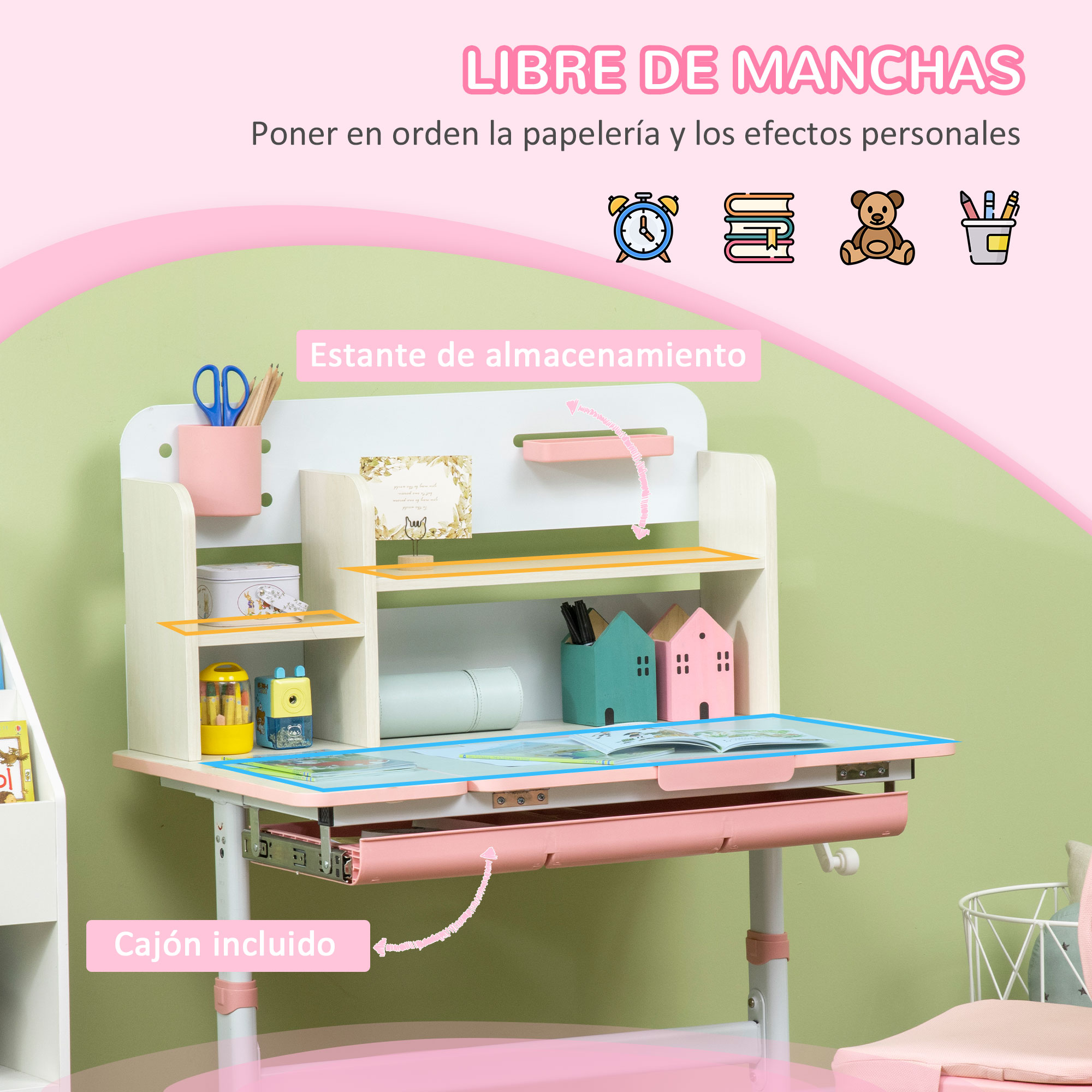 Un escritorio infantil rosa y blanco con estantes, cajones y varios artículos de papelería.