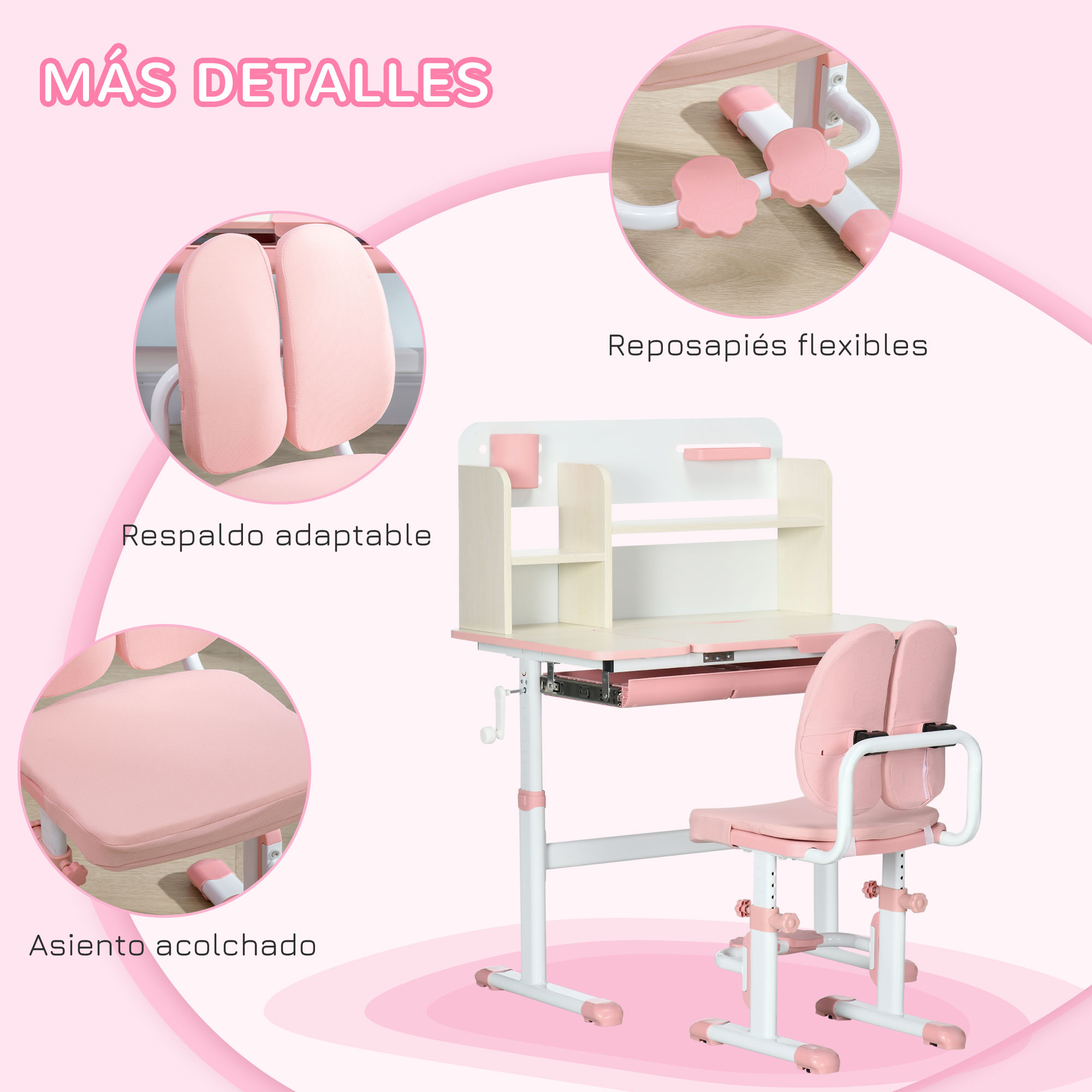 Un juego de escritorio y silla para niños ajustable en rosa y blanco. Los detalles muestran el asiento, respaldo, reposapiés y escritorio.