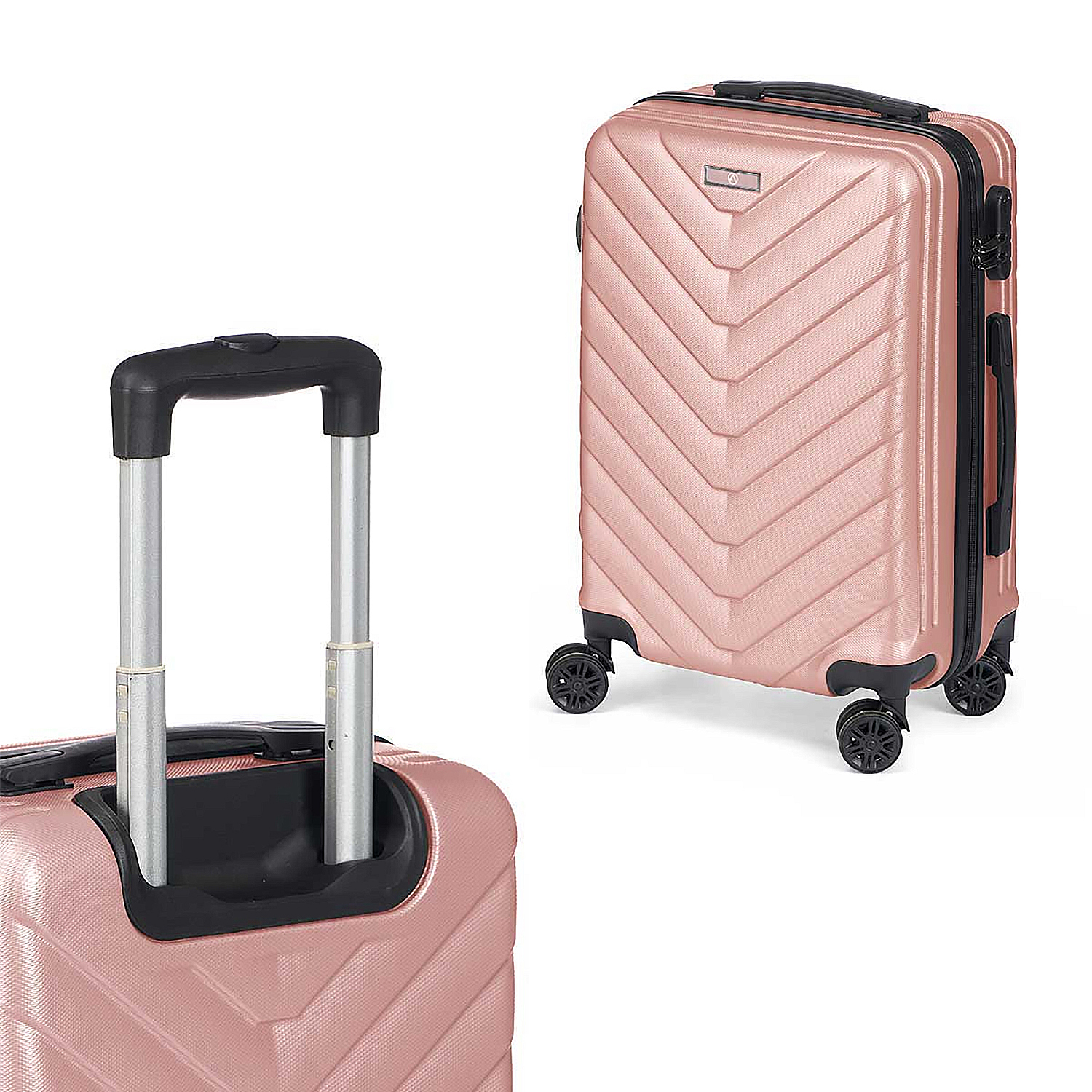 Primer plano de una maleta rosa con asa y ruedas negras. La maleta tiene una superficie texturizada con un diseño en zigzag.