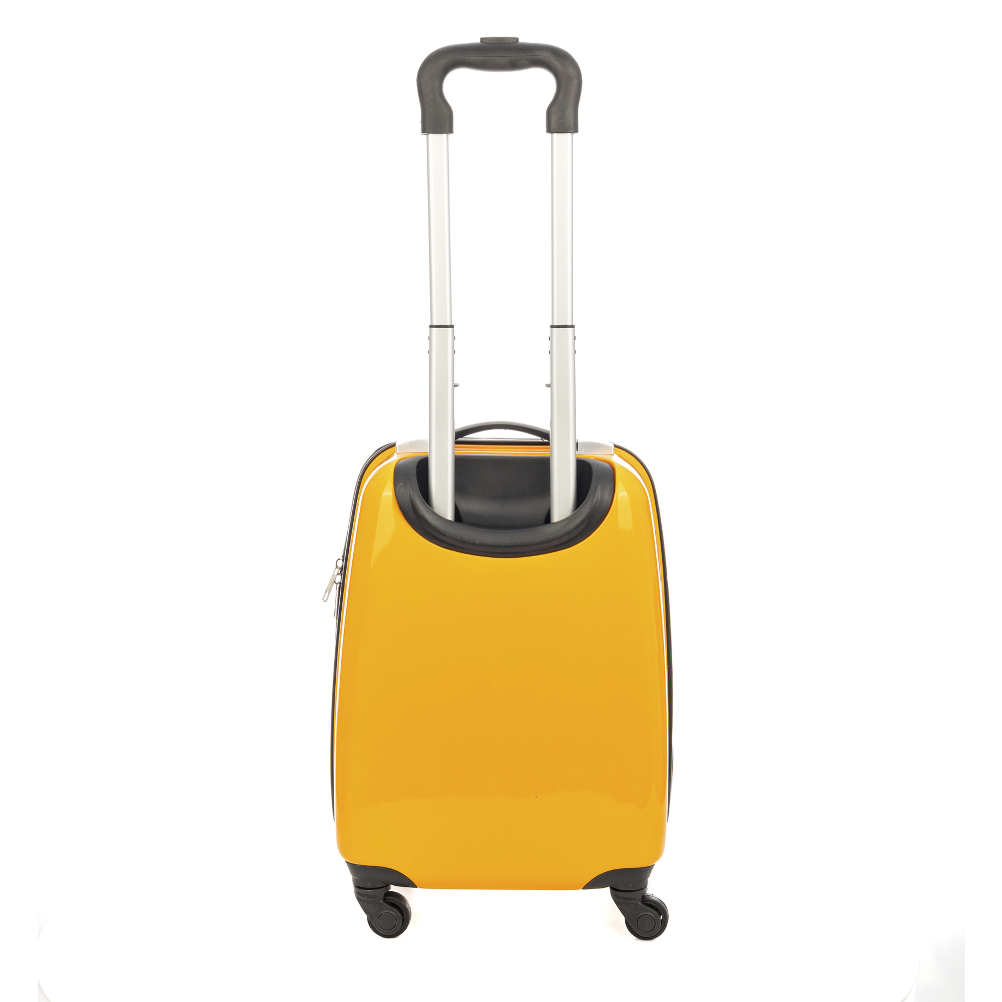 Ein orangefarbener Koffer mit ausziehbarem Griff. Der Hintergrund ist weiß.