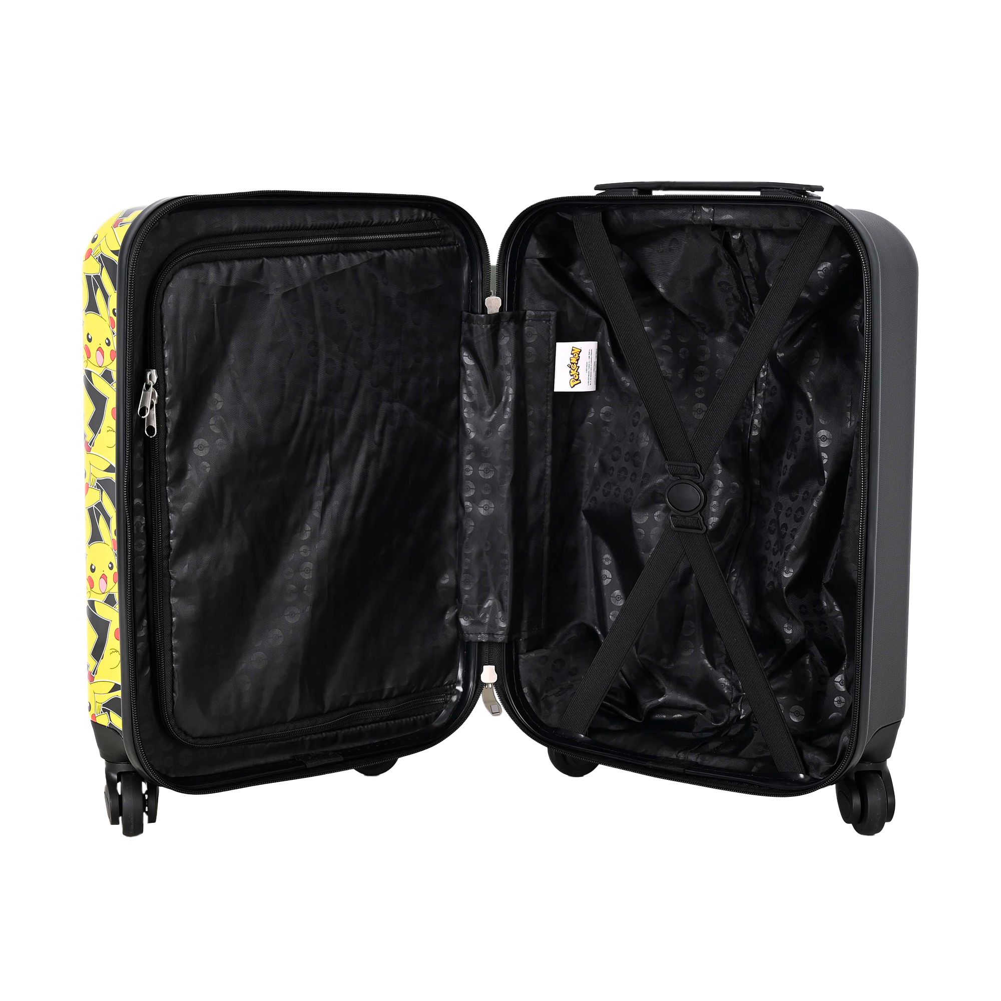Offener Koffer mit Pikachu-Design. Schwarze Innenausstattung, Gurte und Räder. Gelbe Außenseite mit Pikachu-Muster.