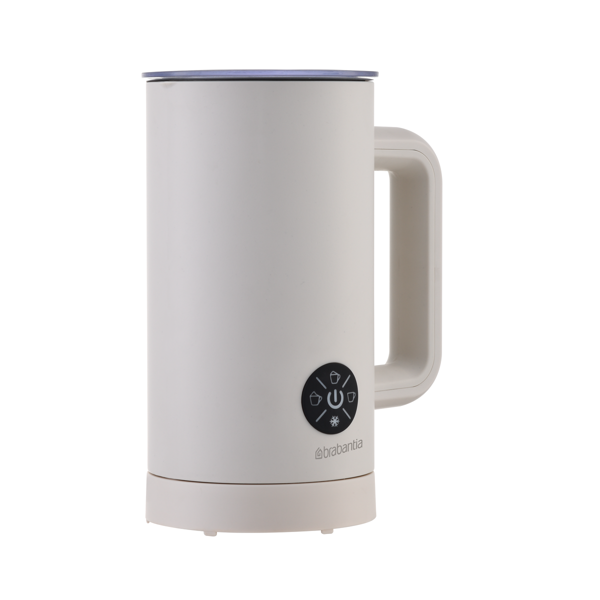 Ein cremefarbener Brabantia Milchaufschäumer. Er hat einen Griff, einen Deckel und ein Bedienfeld mit Symbolen. Der Hintergrund ist weiß.