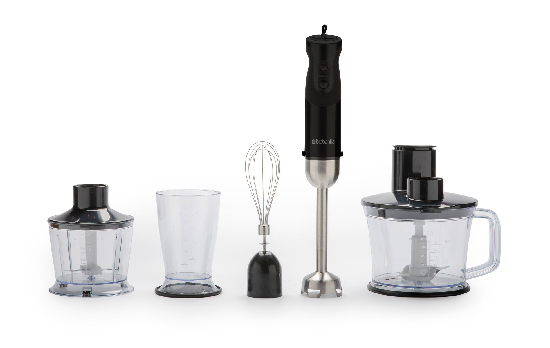 A disassembled black and silver hand blender set with various attachments, including a whisk and mixing bowl, on white.