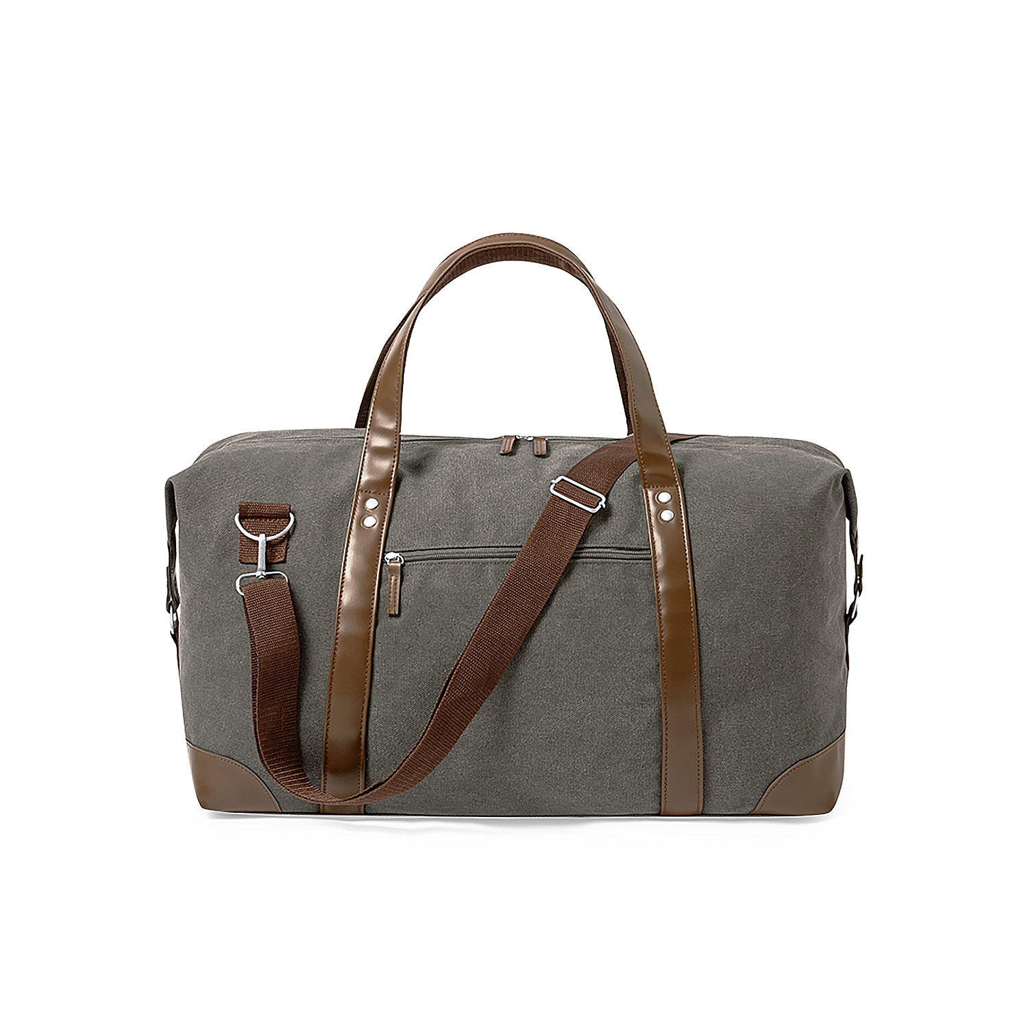 Una bolsa de viaje gris con detalles en cuero marrón. Tiene una correa para el hombro y asas. El fondo es blanco.