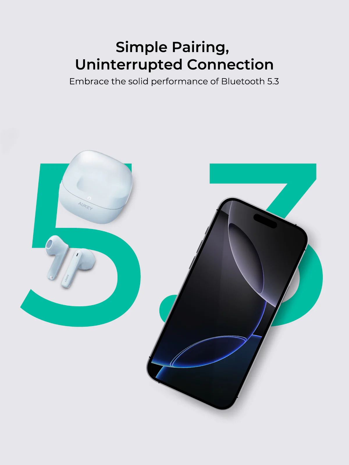 La imagen muestra auriculares, un teléfono y los números 5.3. El texto dice 'Emparejamiento simple, conexión ininterrumpida' y 'Bluetooth 5.3'.