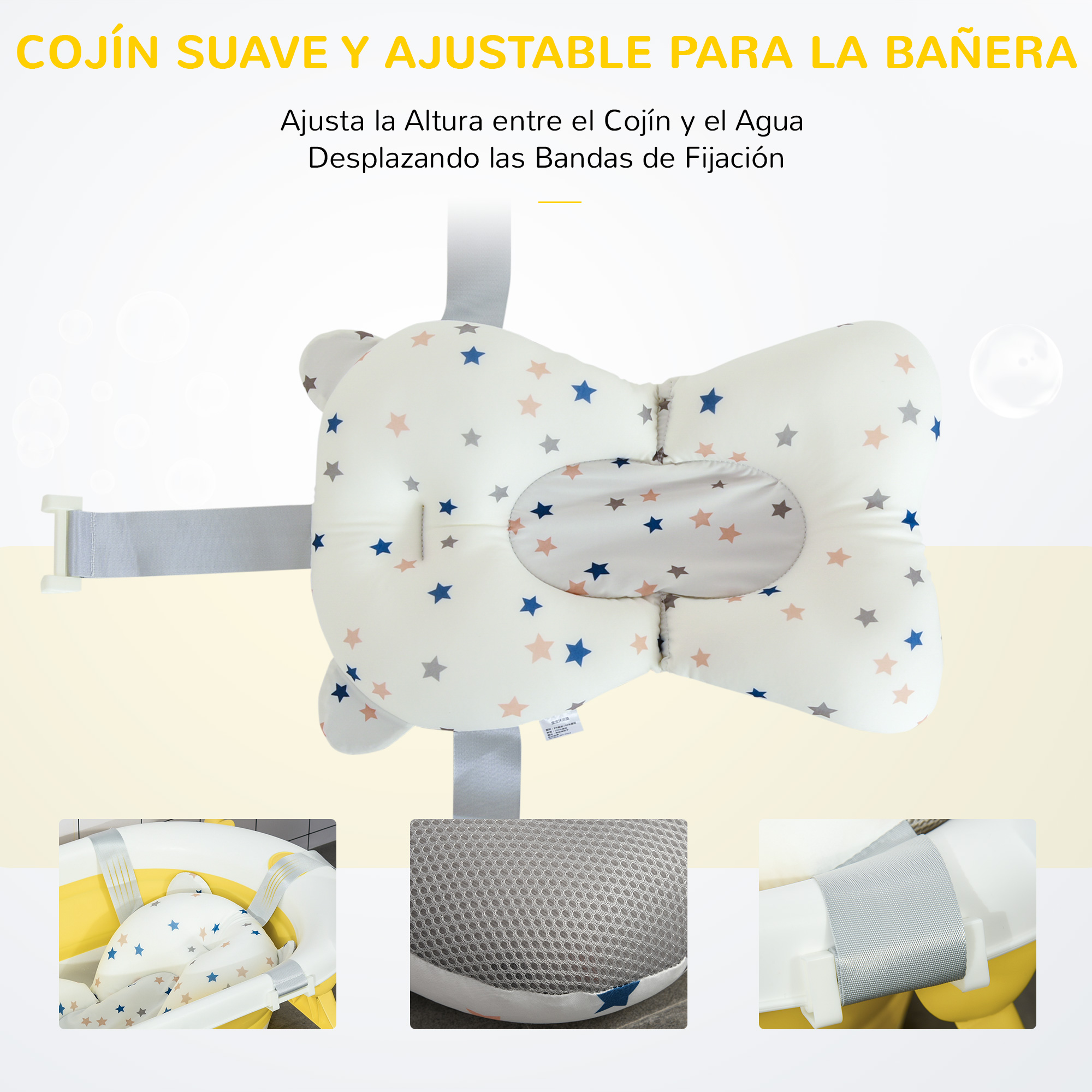 Cojín de baño blanco con estrellas. Texto en español: 'Cojín de baño suave y ajustable'.