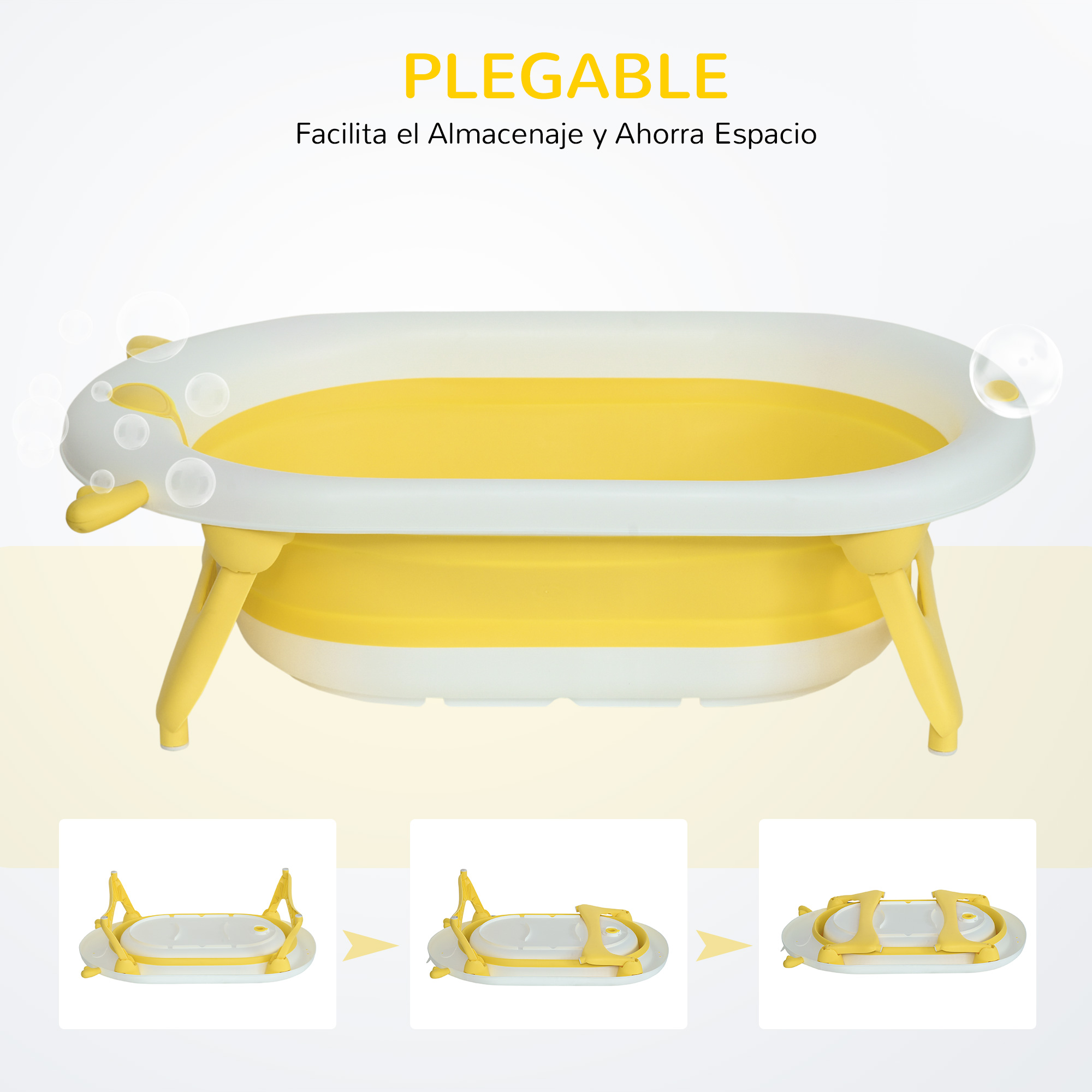 Una bañera plegable para bebés amarilla y blanca. La imagen muestra la bañera completamente montada y en etapas de plegado.