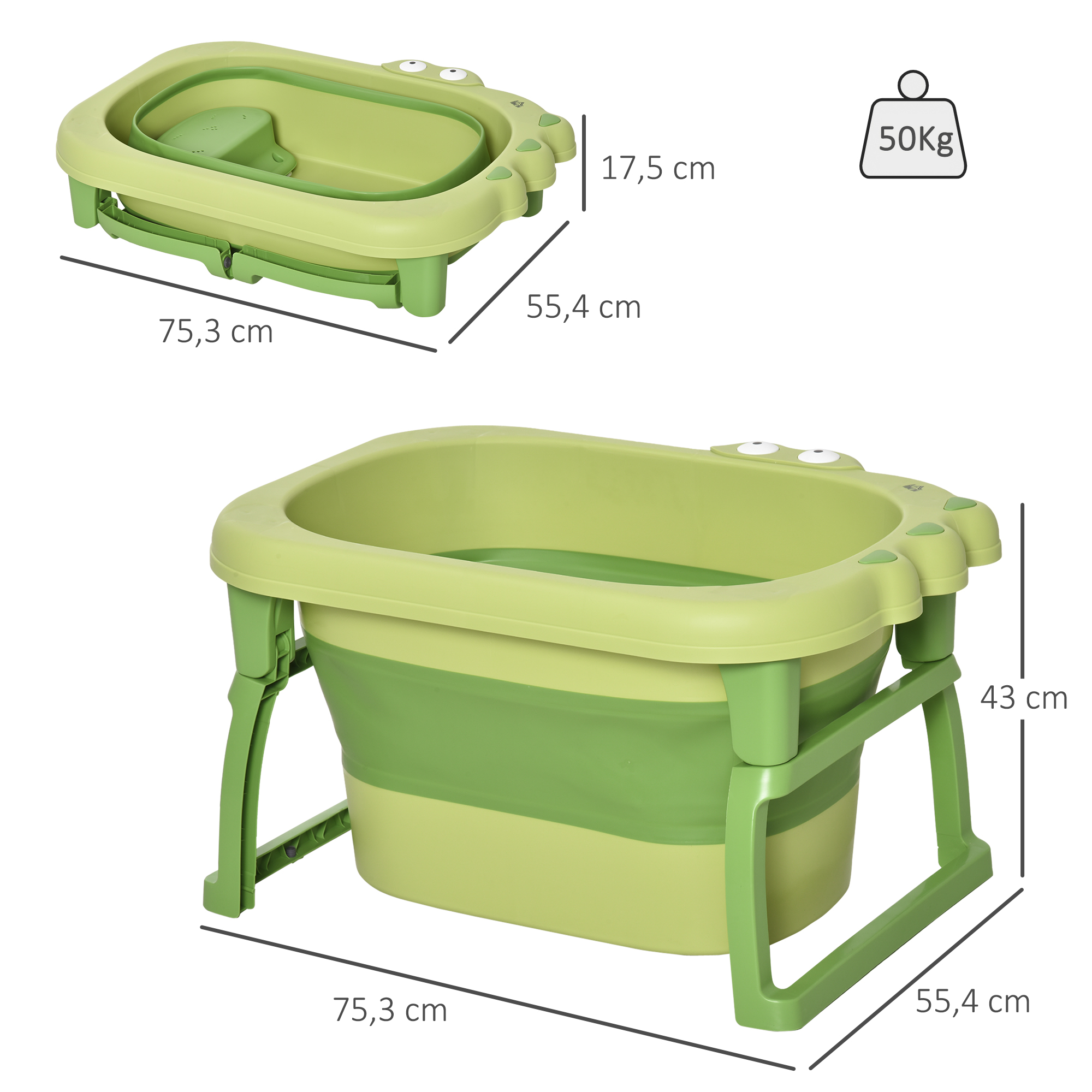 Bañera verde para bebés, plegada y desplegada. Se muestran las dimensiones. Peso máximo 50 kg.