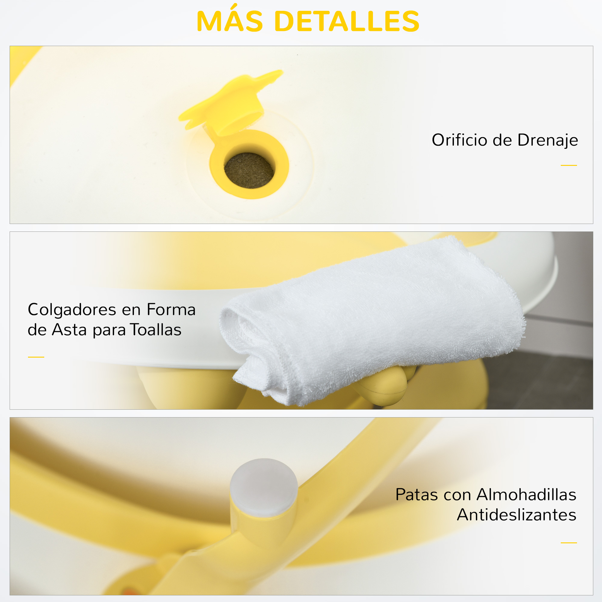 La imagen muestra detalles de una bañera amarilla para bebés, incluyendo un desagüe, colgadores y patas antideslizantes.