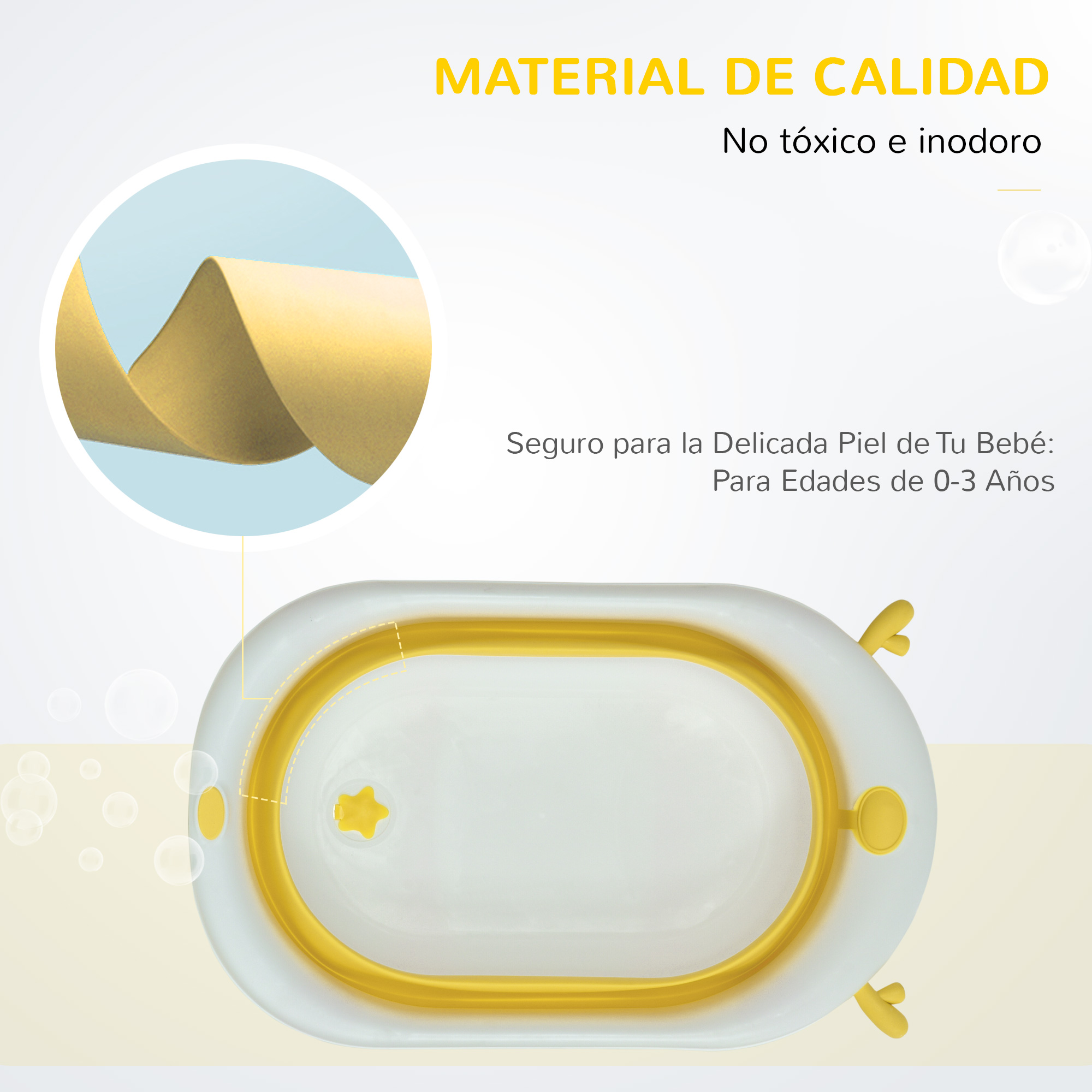 Una bañera para bebés blanca y amarilla. El texto dice: Material de Calidad, No tóxico e inodoro, Seguro para la piel del bebé.