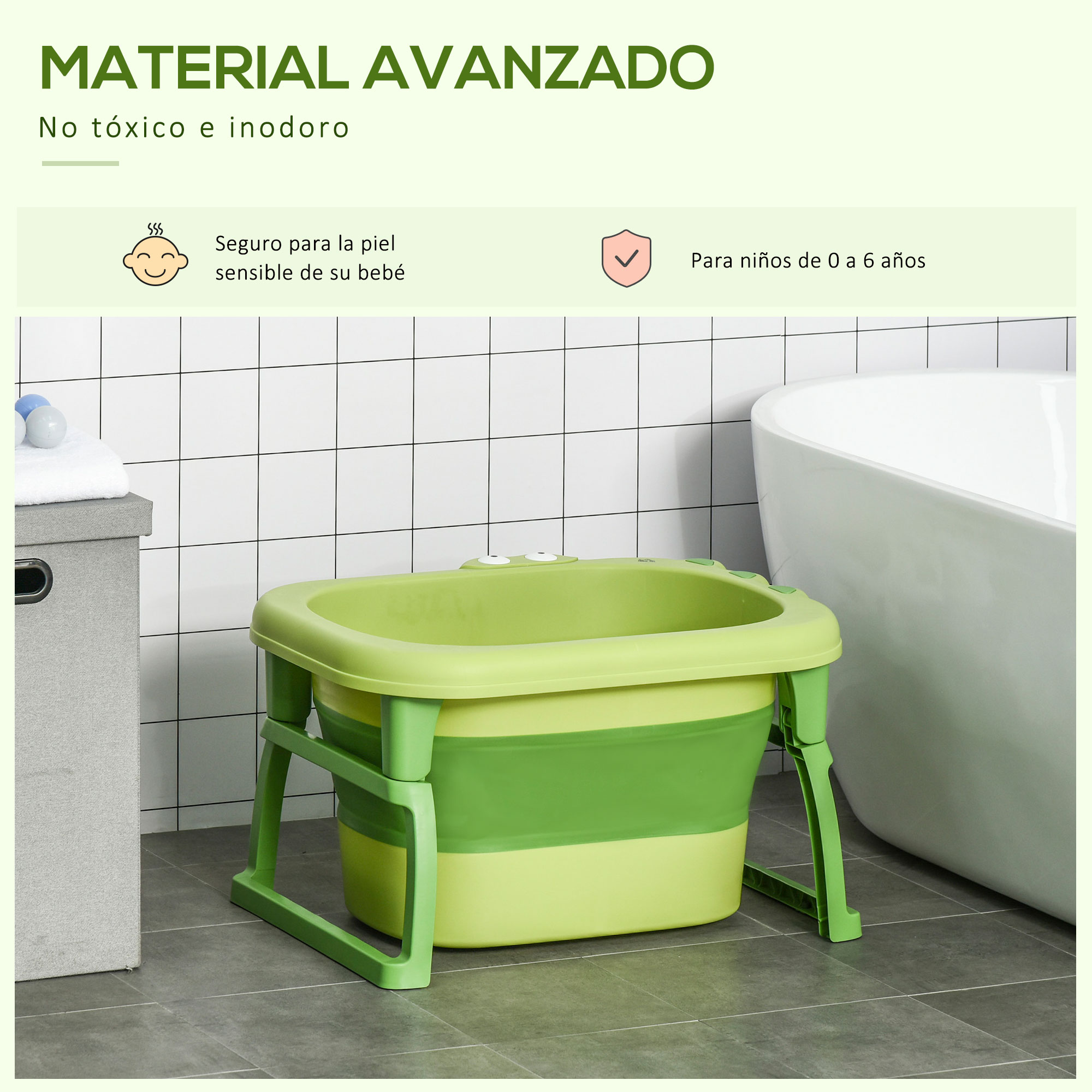 Una bañera plegable para bebés verde y amarilla. El fondo incluye una bañera blanca, un cubo gris y paredes alicatadas.