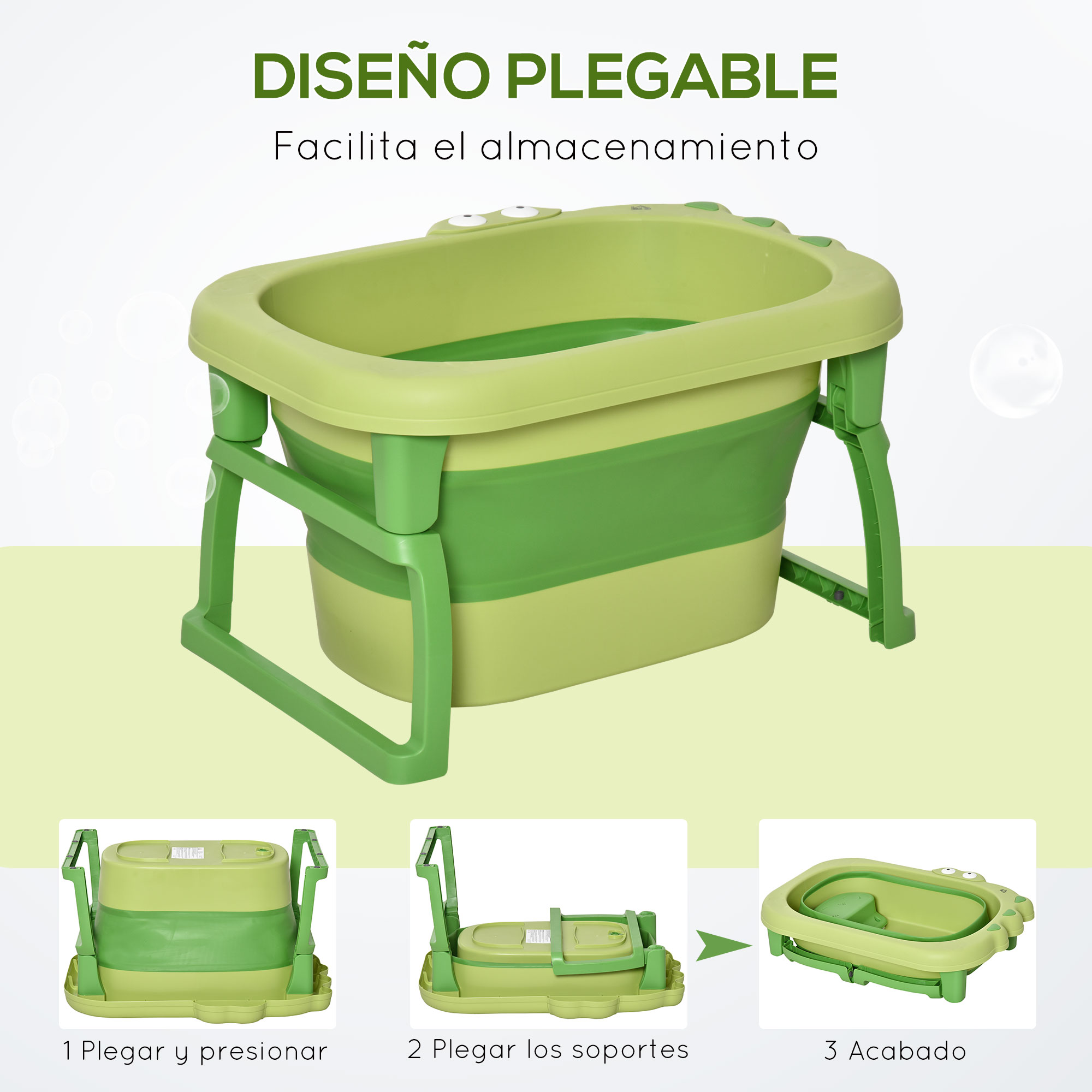Una bañera plegable verde para bebés. Es verde de dos tonos, con la parte superior verde claro y la inferior verde oscuro.